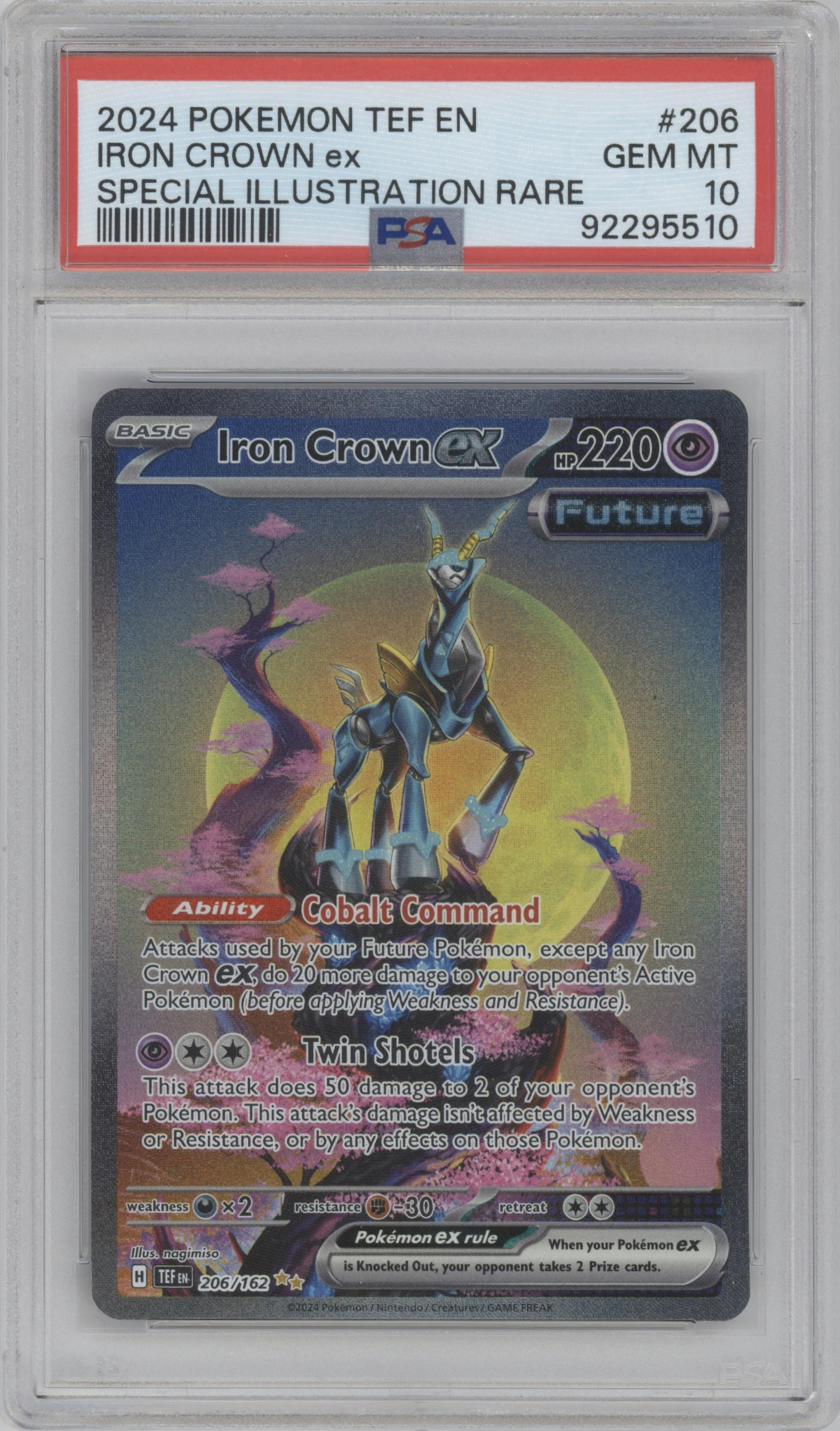 Iron Crown EX from the 2024 Pokemon SV set graded by PSA and given an overall grade of 10.