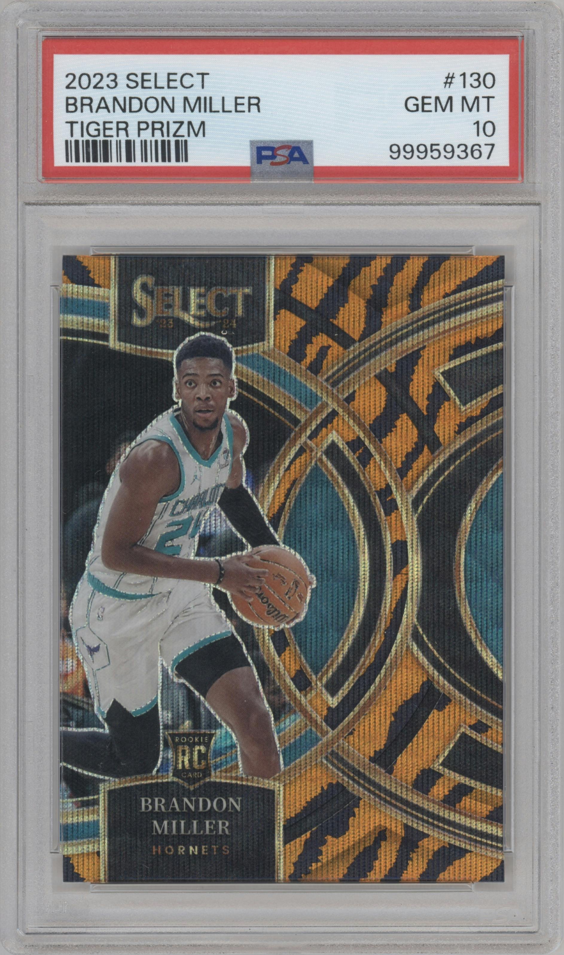 Brandon Miller from the 2023-24 Panini Select  set featuring a Tiger parallel graded by PSA and given an overall grade of 10.