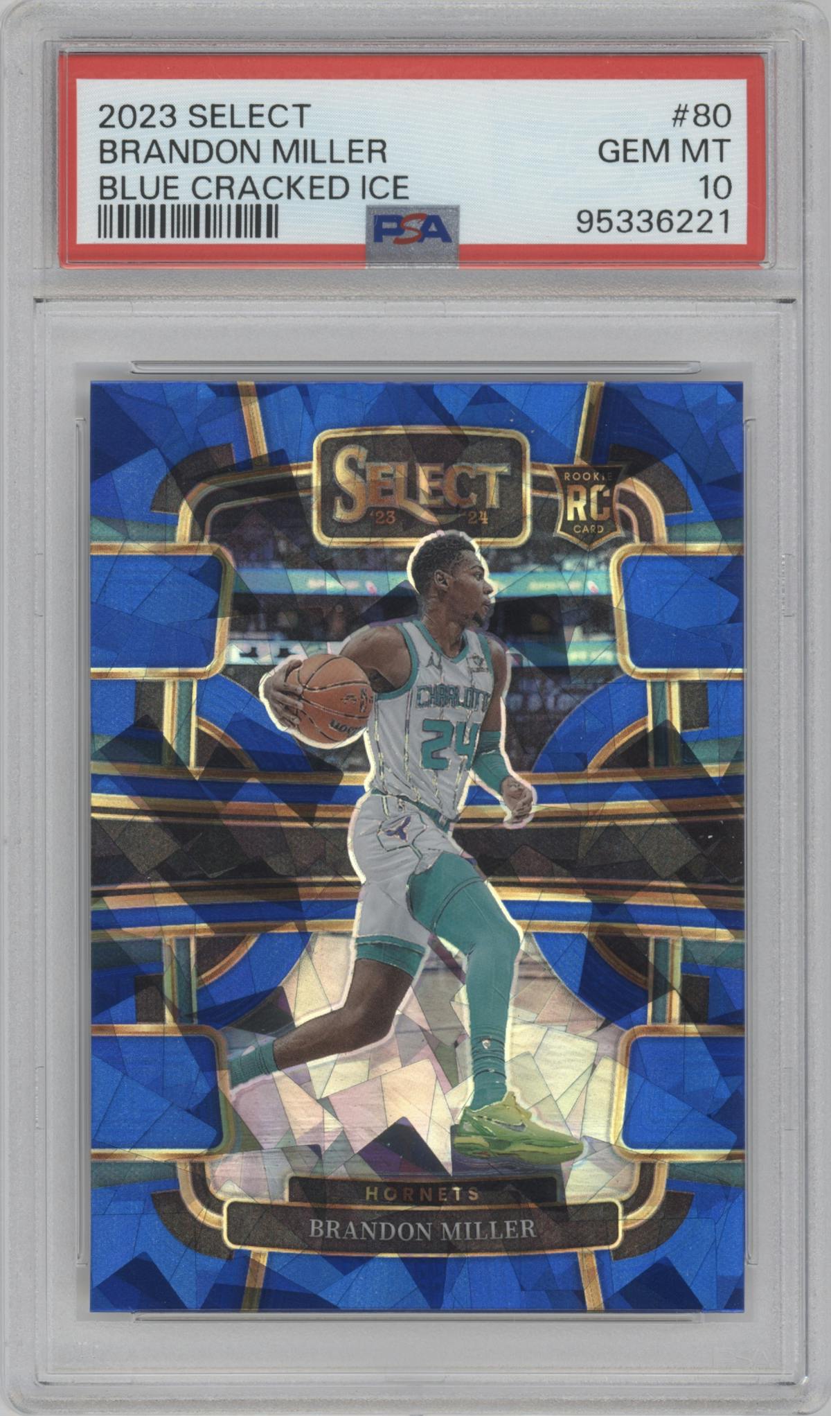 Brandon Miller from the 2023-24 Panini Select  set featuring a Blue Cracked Ice parallel graded by PSA and given an overall grade of 10.