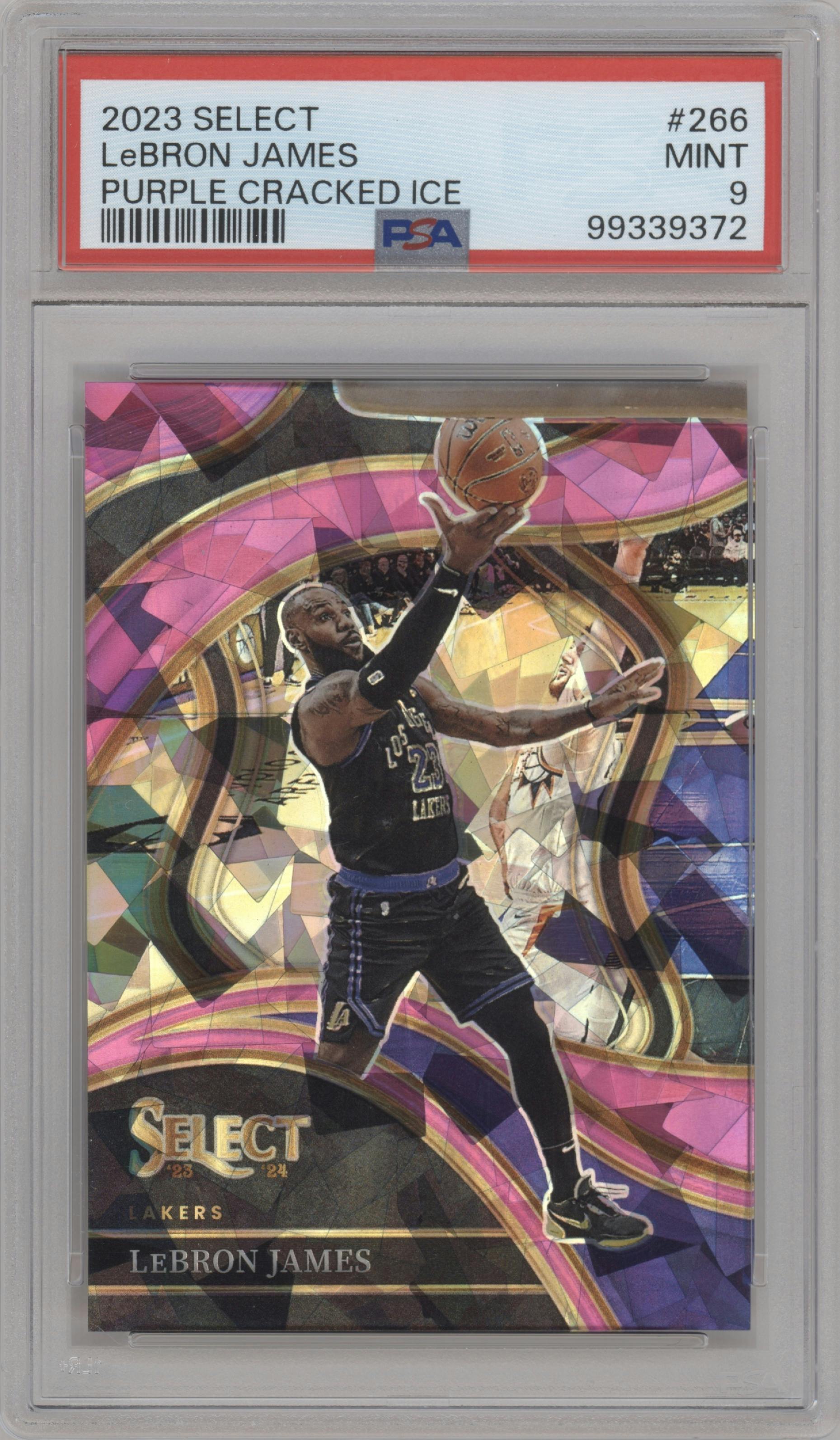 LeBron James from the 2023-24 Panini Select  set featuring a Purple Cracked Ice parallel graded by PSA and given an overall grade of 9.