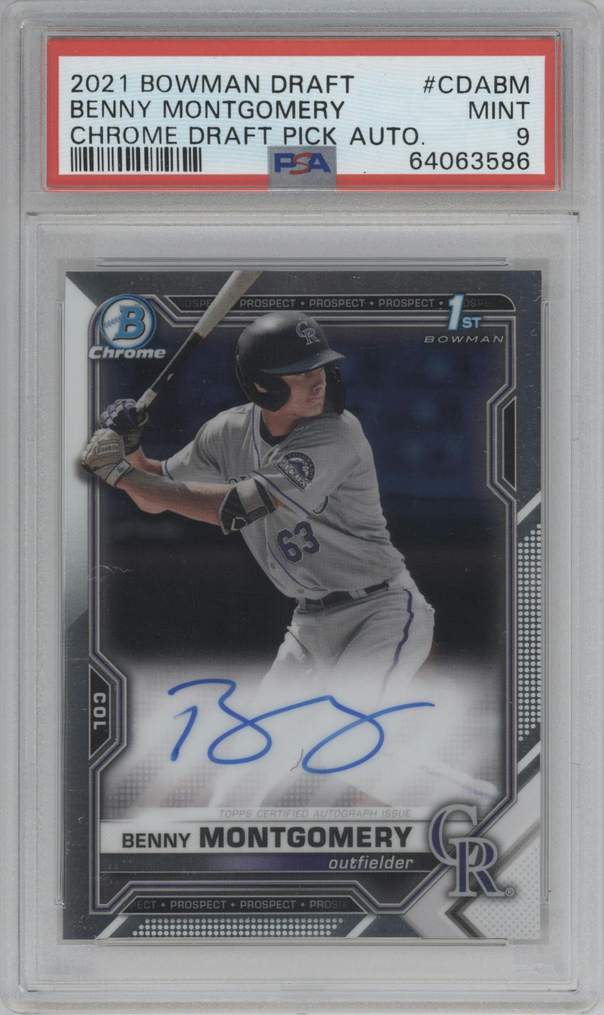 Benny Montgomery from the 2021 Bowman Draft set graded by PSA and given an overall grade of 9.