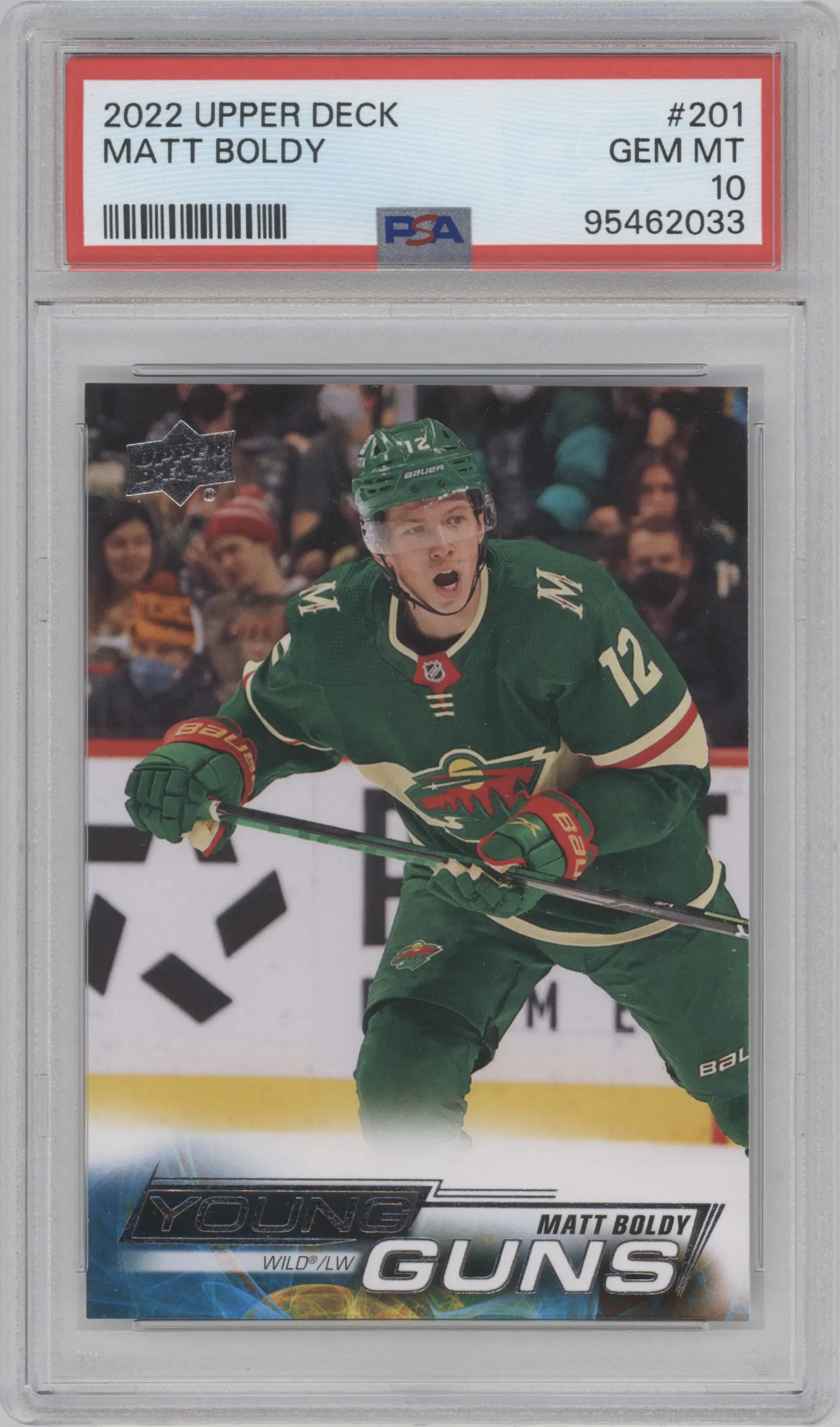 Matt Boldy from the 2022-23 Upper Deck  set graded by PSA and given an overall grade of 10.