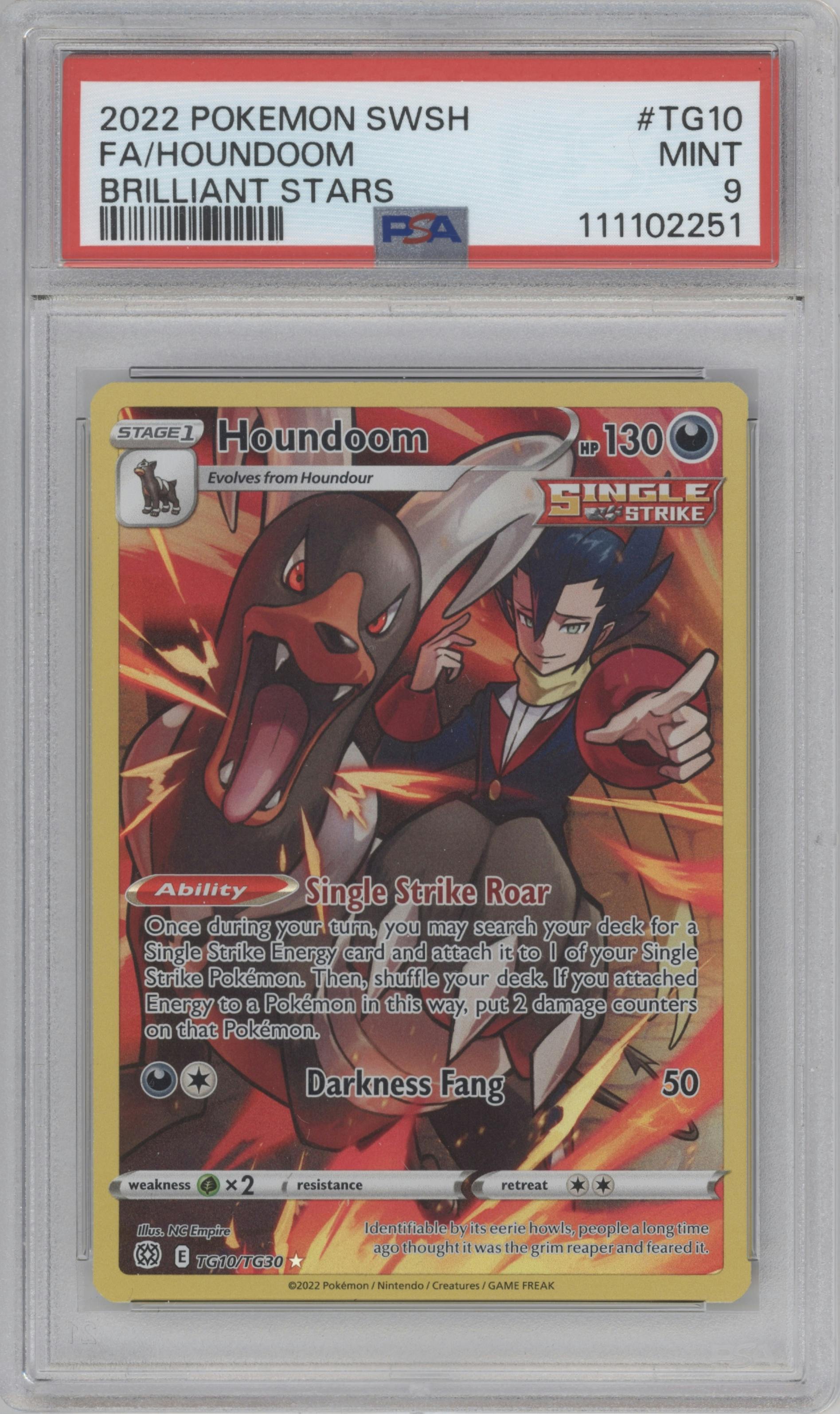Houndoom from the 2022 Pokemon SWSH set graded by PSA and given an overall grade of 9.