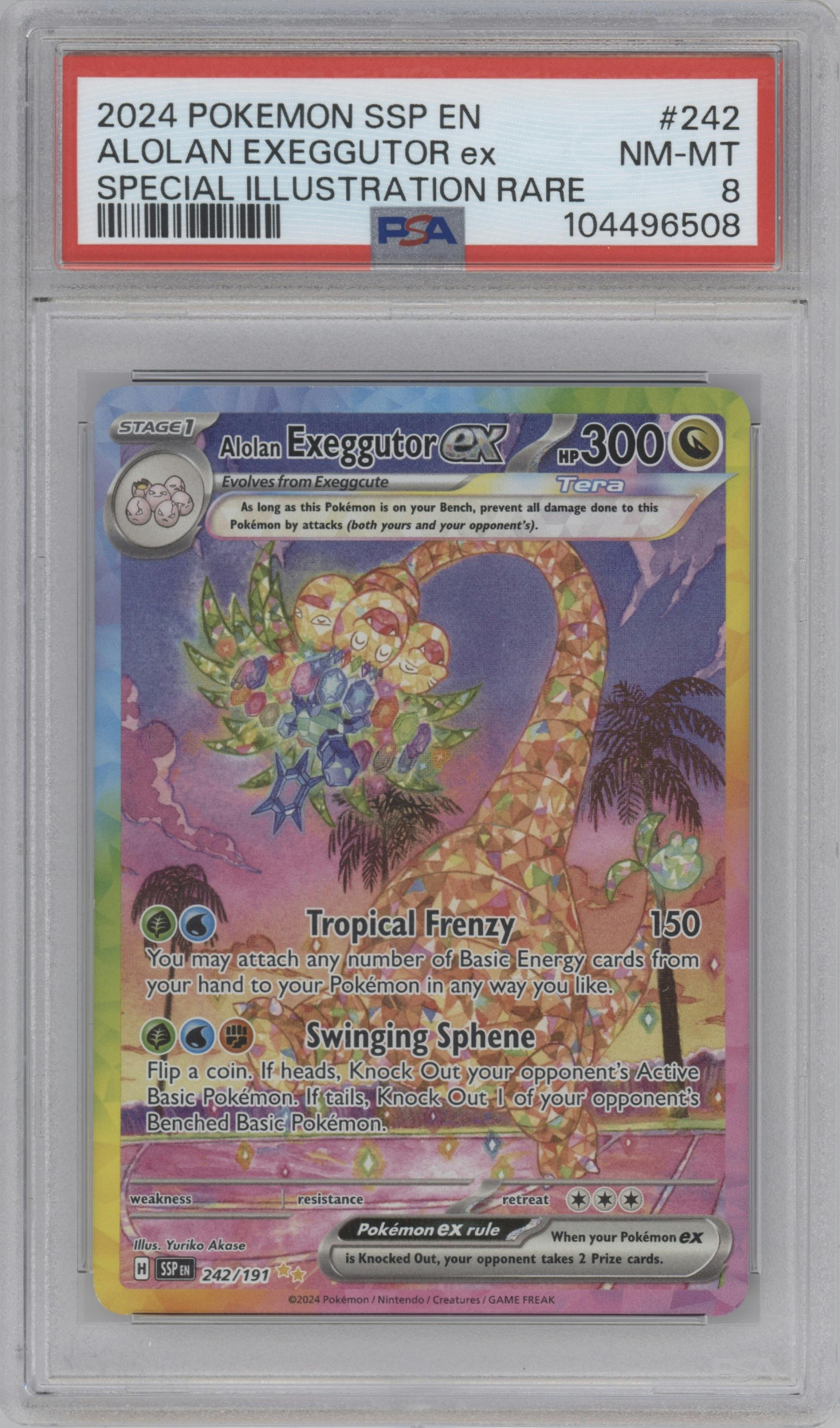 Alolan Exeggutor ex from the 2024 Pokemon SV set graded by PSA and given an overall grade of 8.