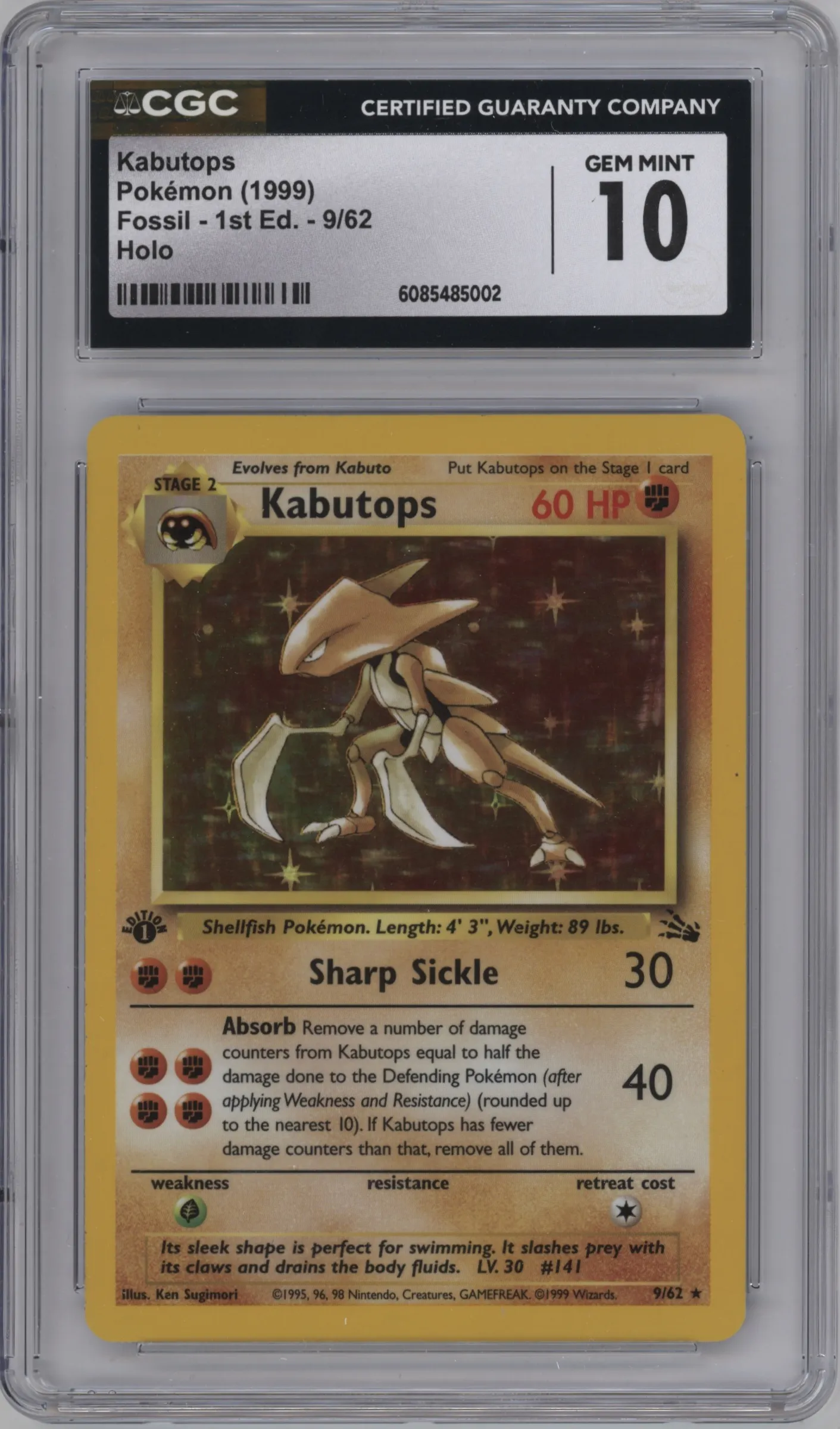 1999 Pokemon Fossil Kabutops #9 CGC 10