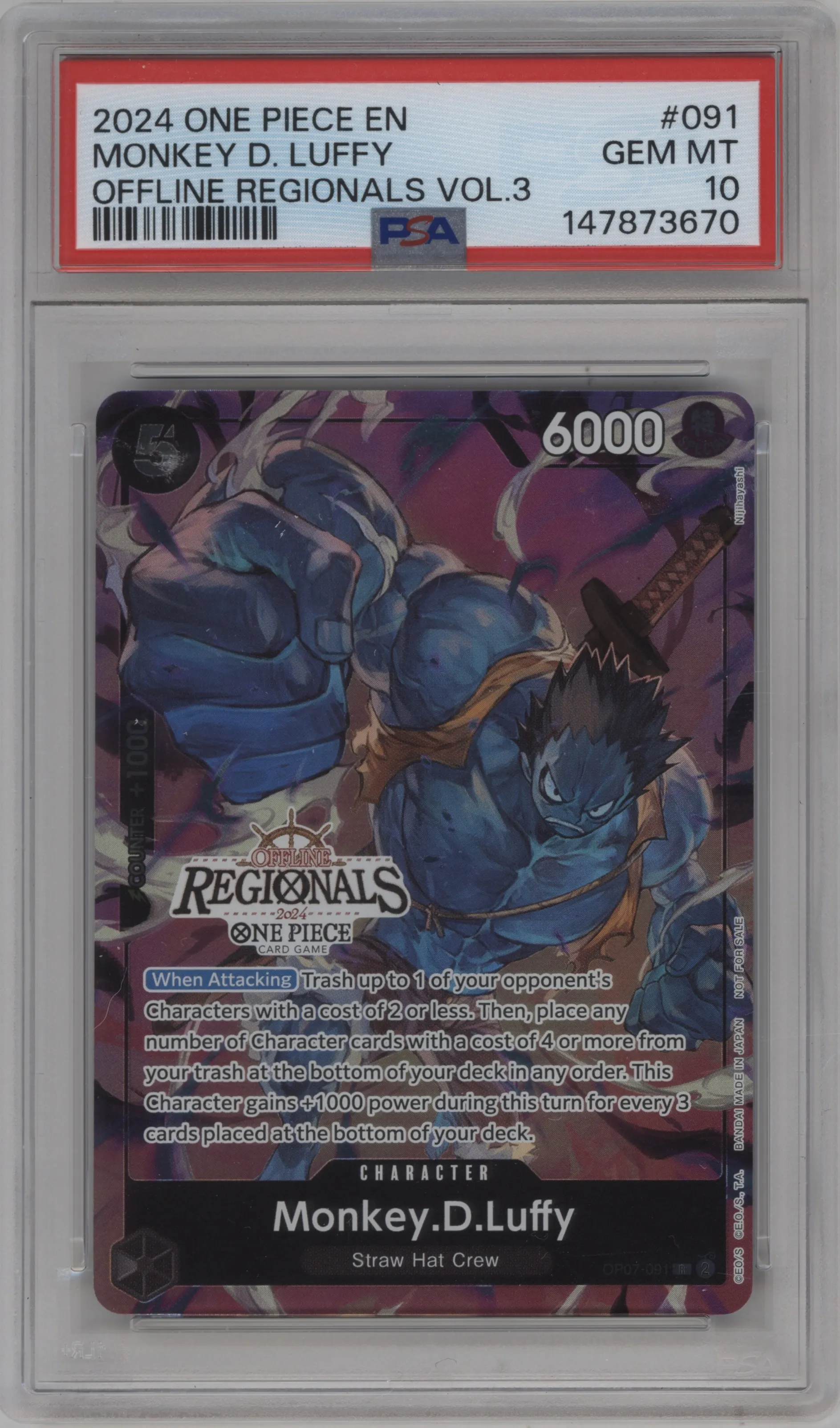 2024 One Piece Reg.Part.Pack Vol.3 Monkey.D.Luffy PSA 10