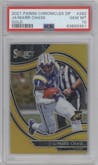 Ja'Marr Chase from the 2021 Panini Chronicles Draft Picks set featuring a Gold parallel graded by PSA and given an overall grade of 10.