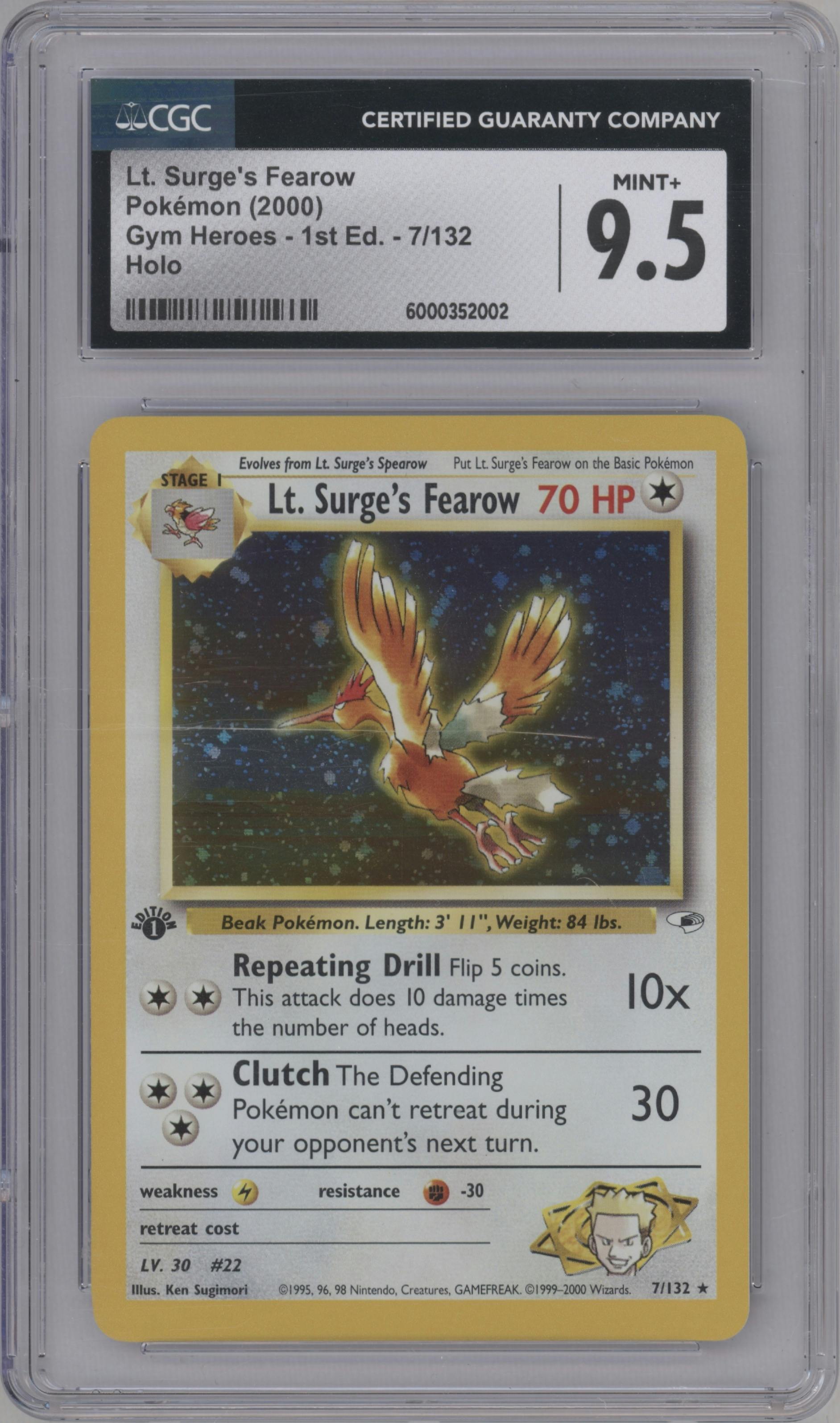Lt. Surge's Fearow from the 2000 Pokemon GH set graded by CSG and given an overall grade of 9.5.