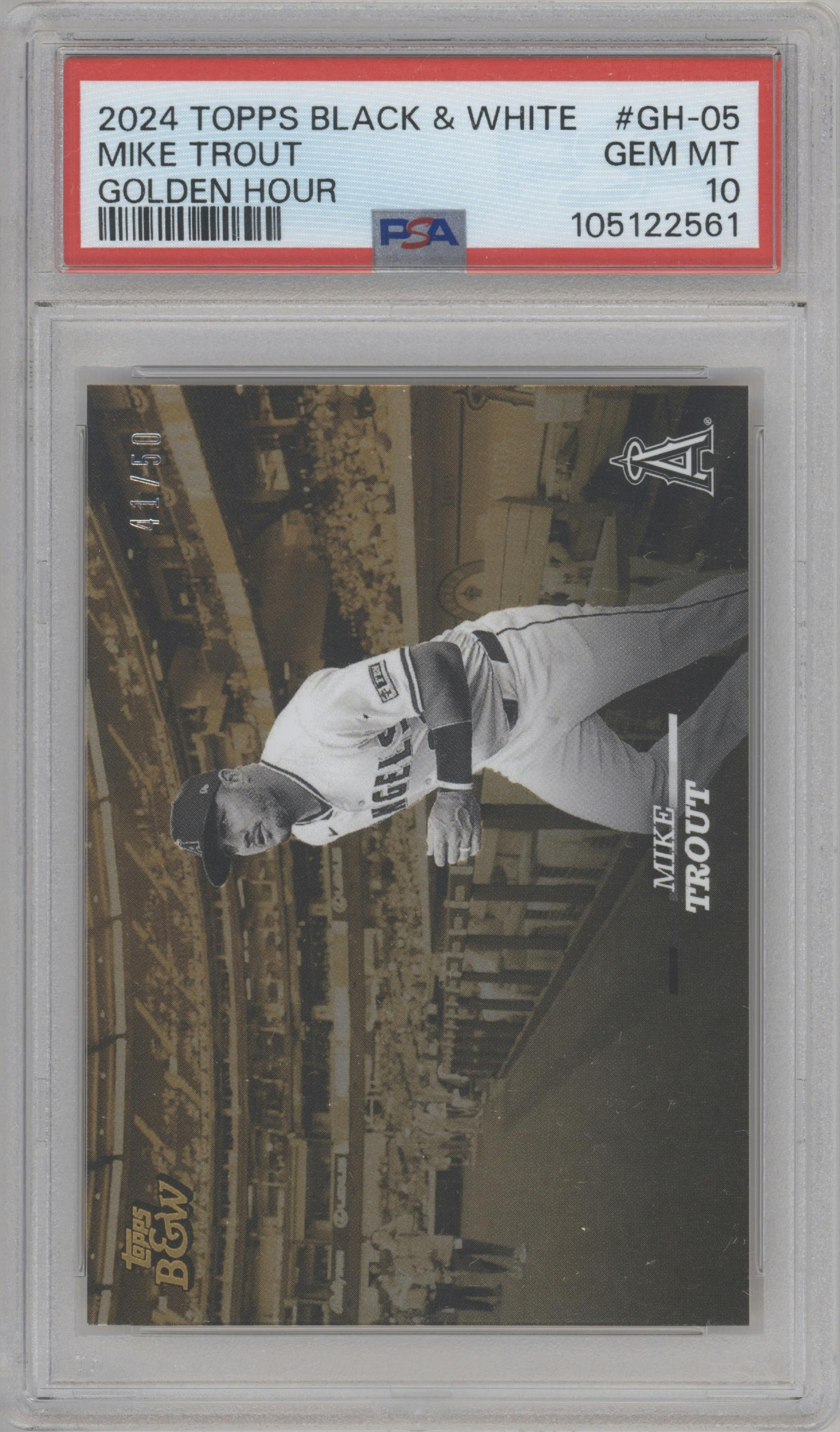 Mike Trout from the 2024 Topps Black & White set graded by PSA and given an overall grade of 10.