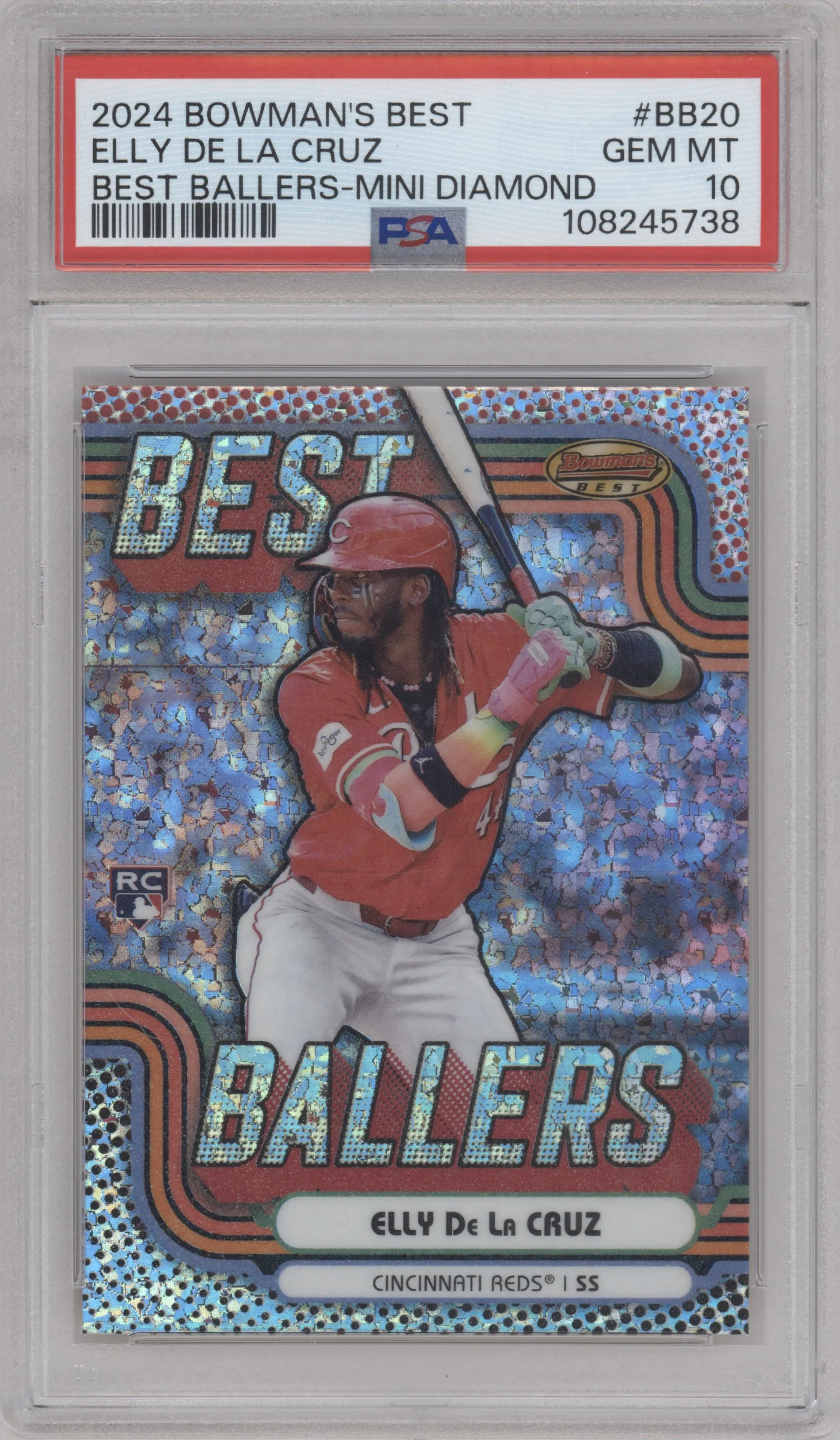 Elly De La Cruz from the 2024 Bowman's Best set featuring a Mini-Diamond Refractor parallel graded by PSA and given an overall grade of 10.