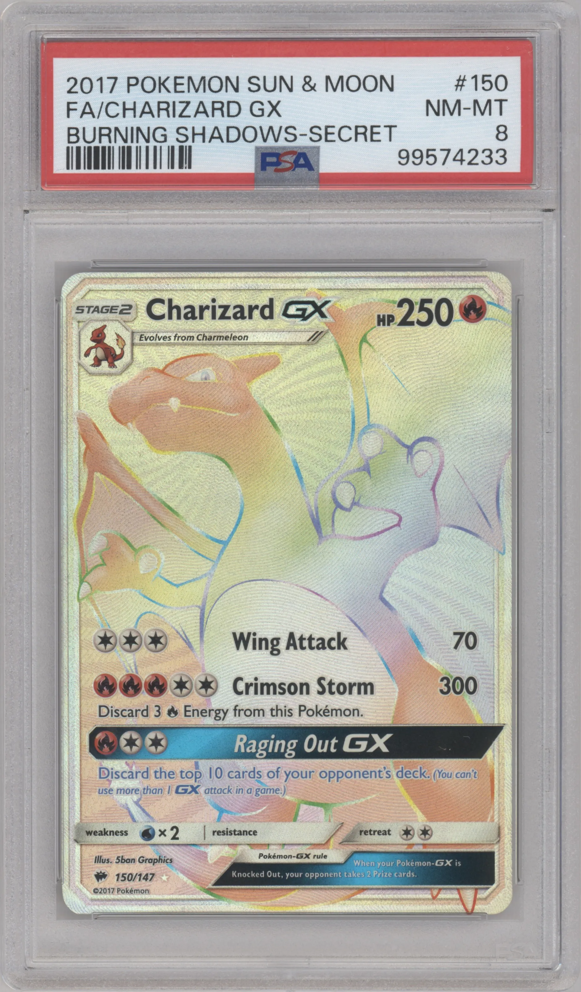Charizard GX from the 2017 Pokemon S&M set graded by PSA and given an overall grade of 8.