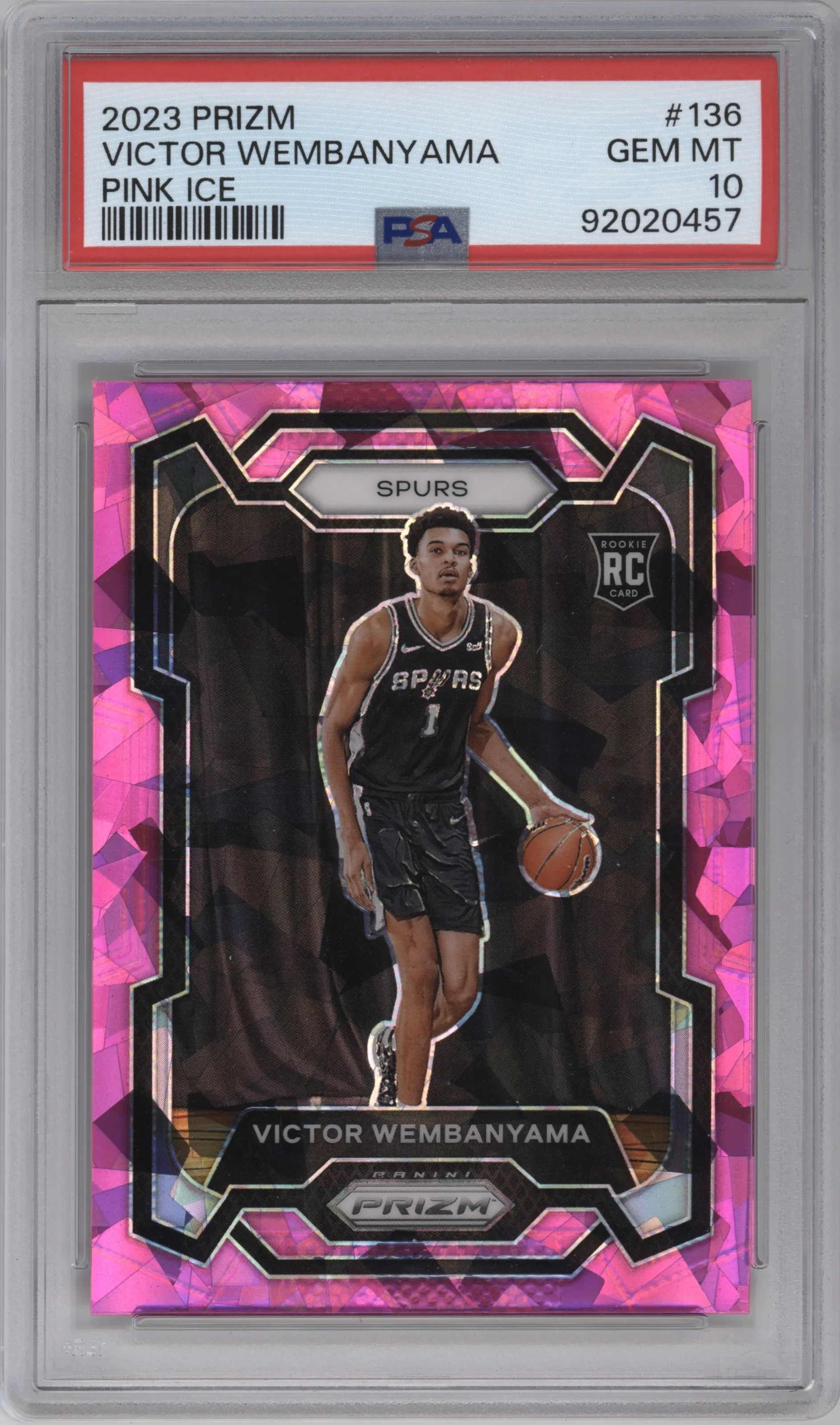 Victor Wembanyama from the 2023-24 Panini Prizm set featuring a Pink Ice parallel graded by PSA and given an overall grade of 10.