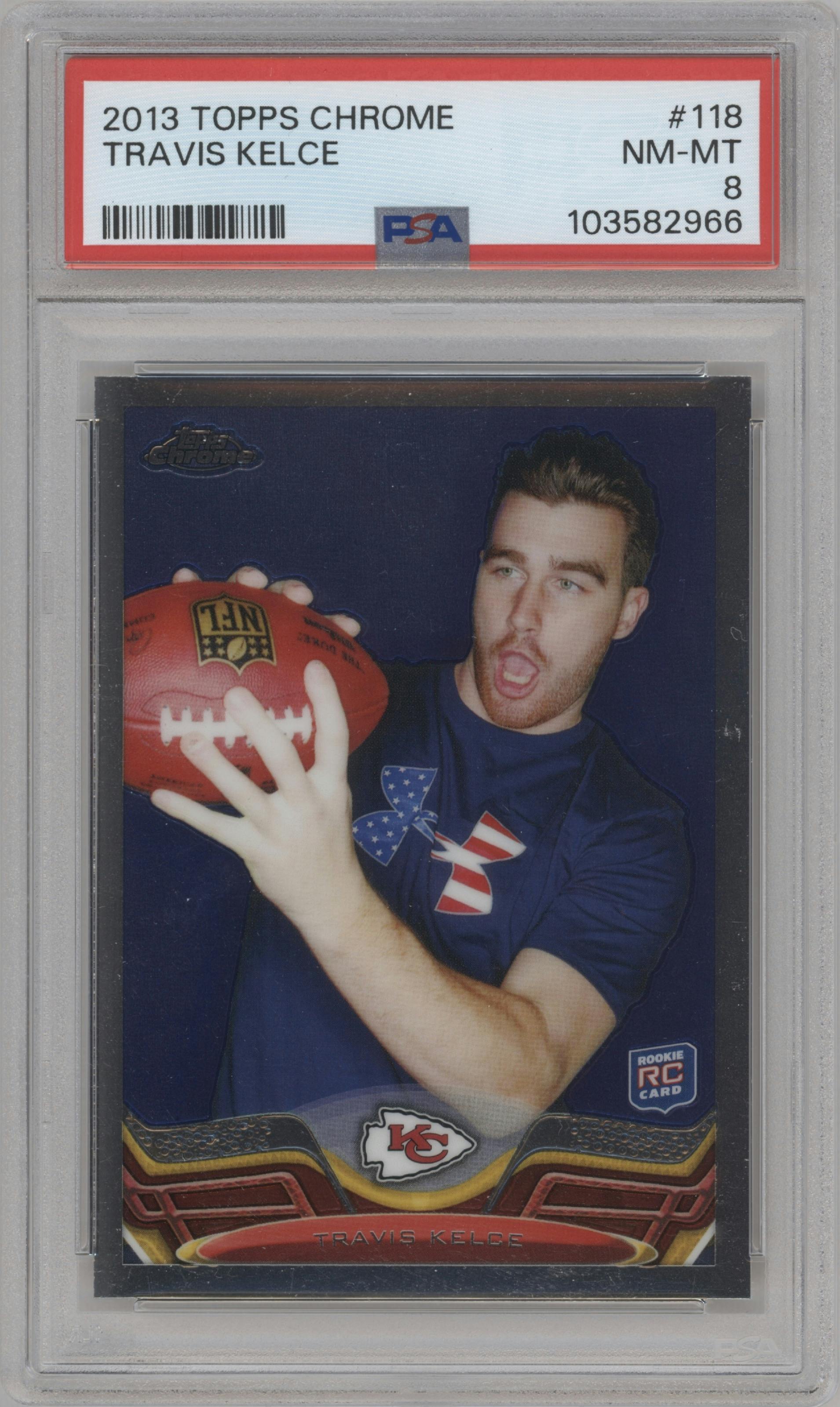 Travis Kelce from the 2013 Topps Chrome set graded by PSA and given an overall grade of 8.