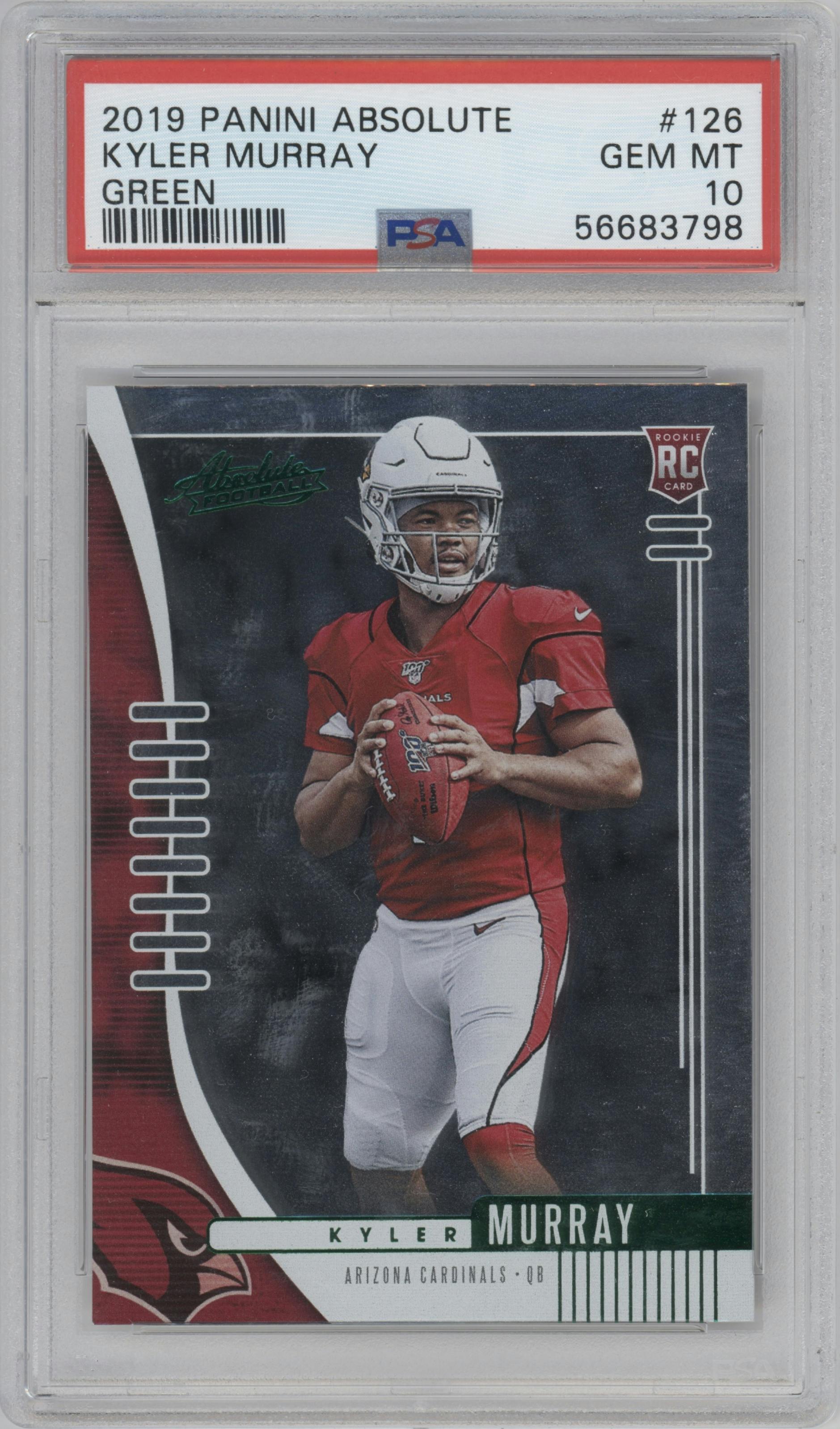 Kyler Murray from the 2019 Panini Absolute set featuring a Green parallel graded by PSA and given an overall grade of 10.