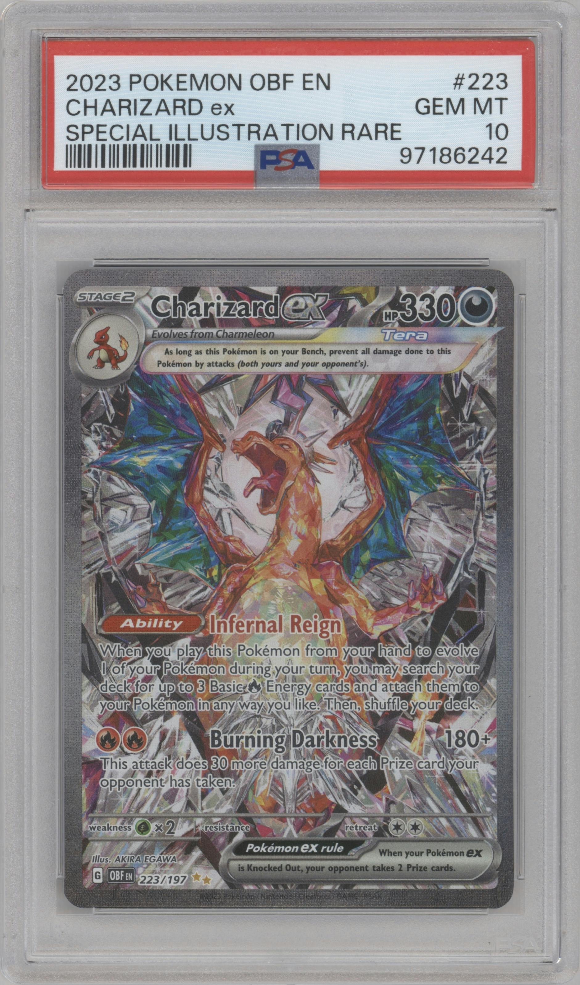 Charizard ex from the 2023 Pokemon SV set graded by PSA and given an overall grade of 10.