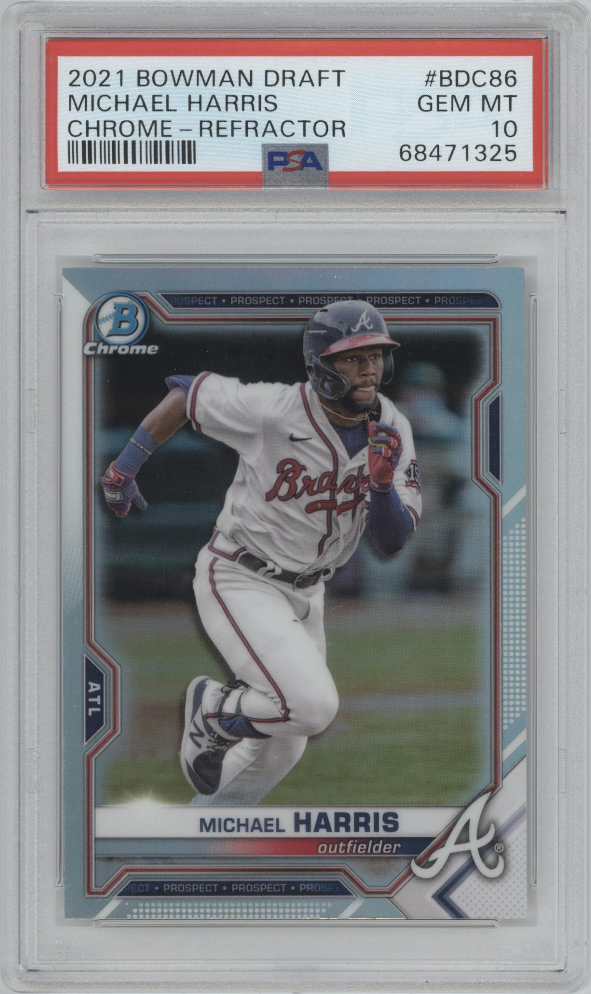 Michael Harris from the 2021 Bowman Draft set featuring a Refractor parallel graded by PSA and given an overall grade of 10.