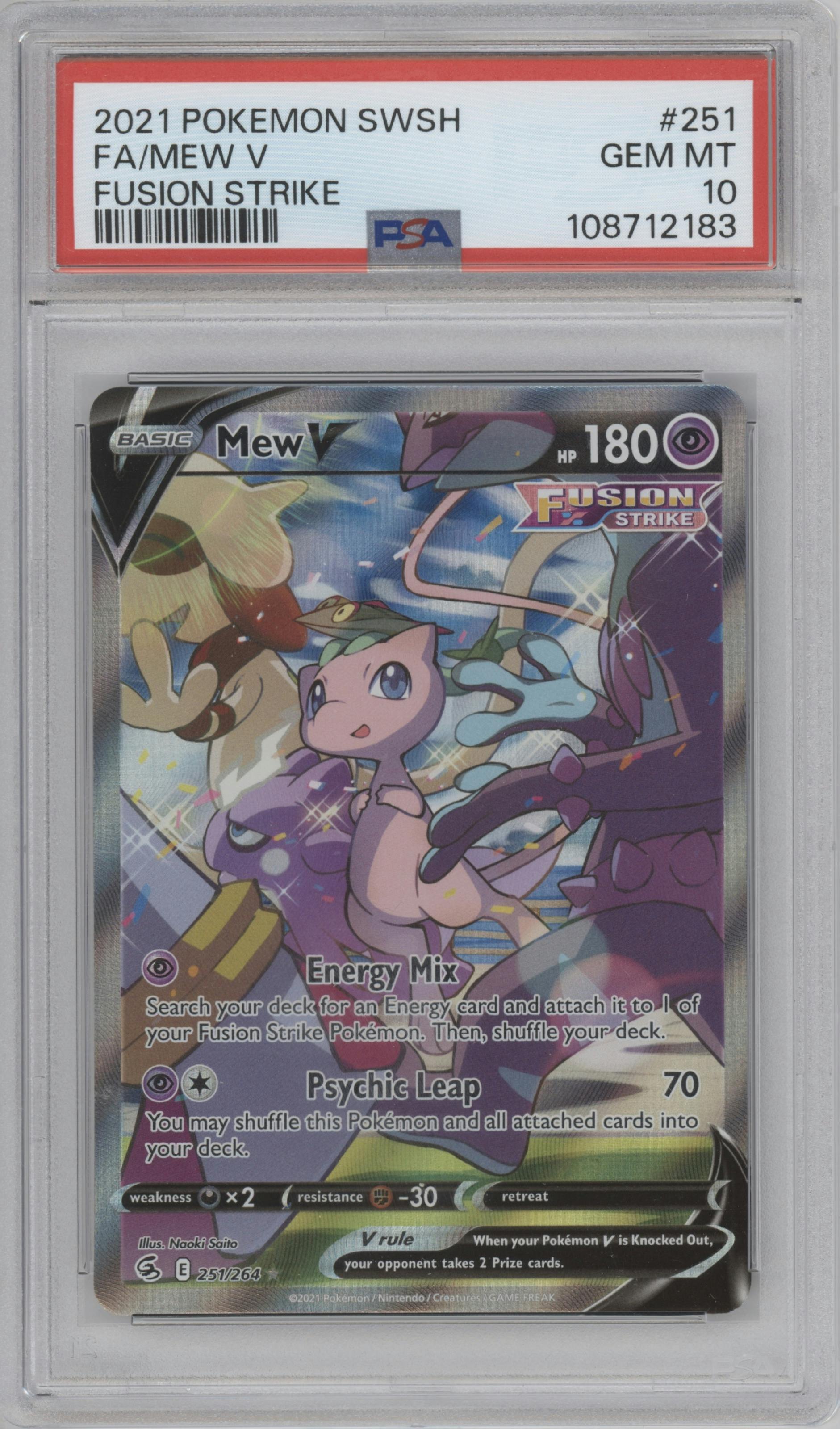 Mew V from the 2021 Pokemon SWSH set graded by PSA and given an overall grade of 10.