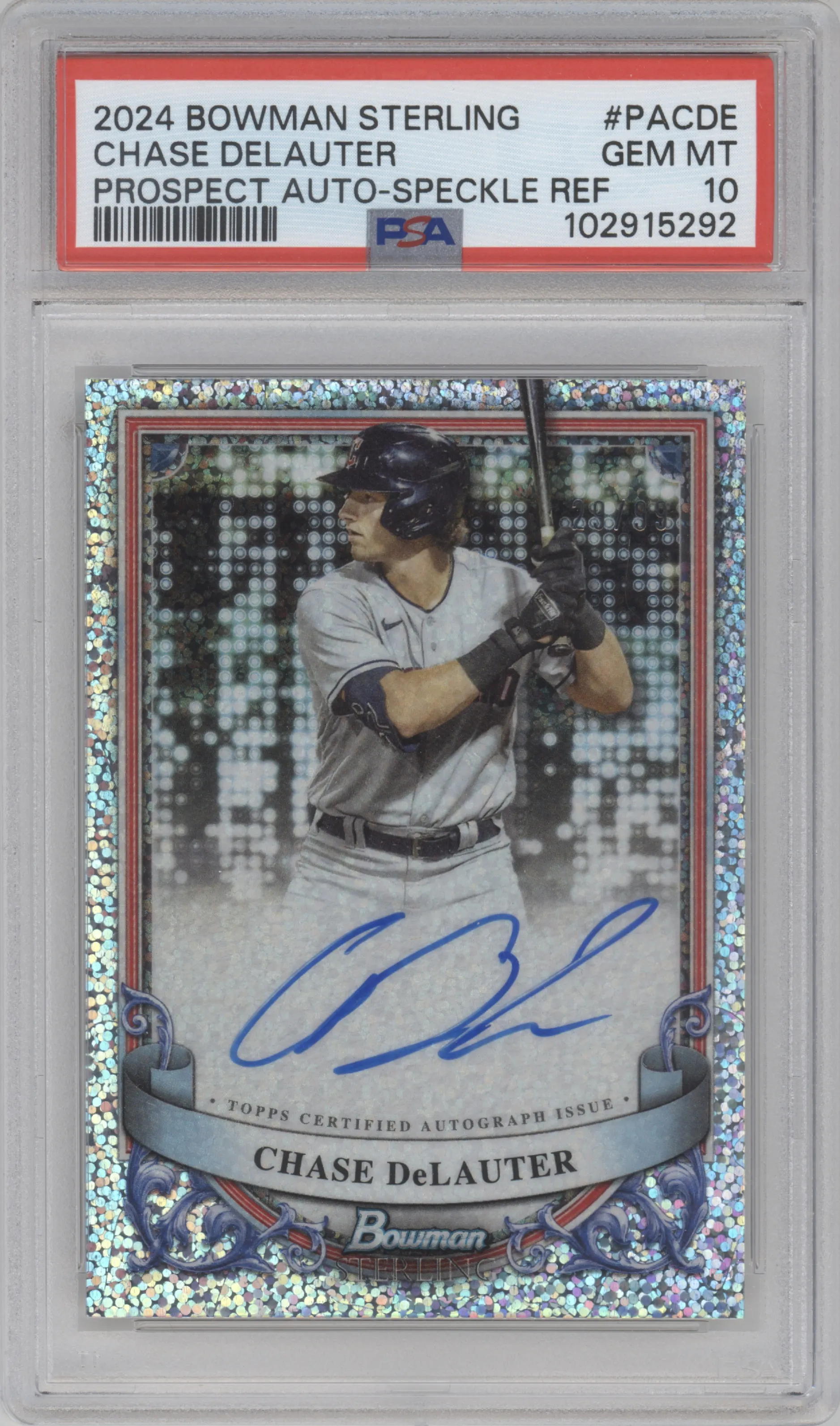 Chase DeLauter from the 2024 Bowman Sterling set featuring a Speckle Refractor parallel graded by PSA and given an overall grade of 10.