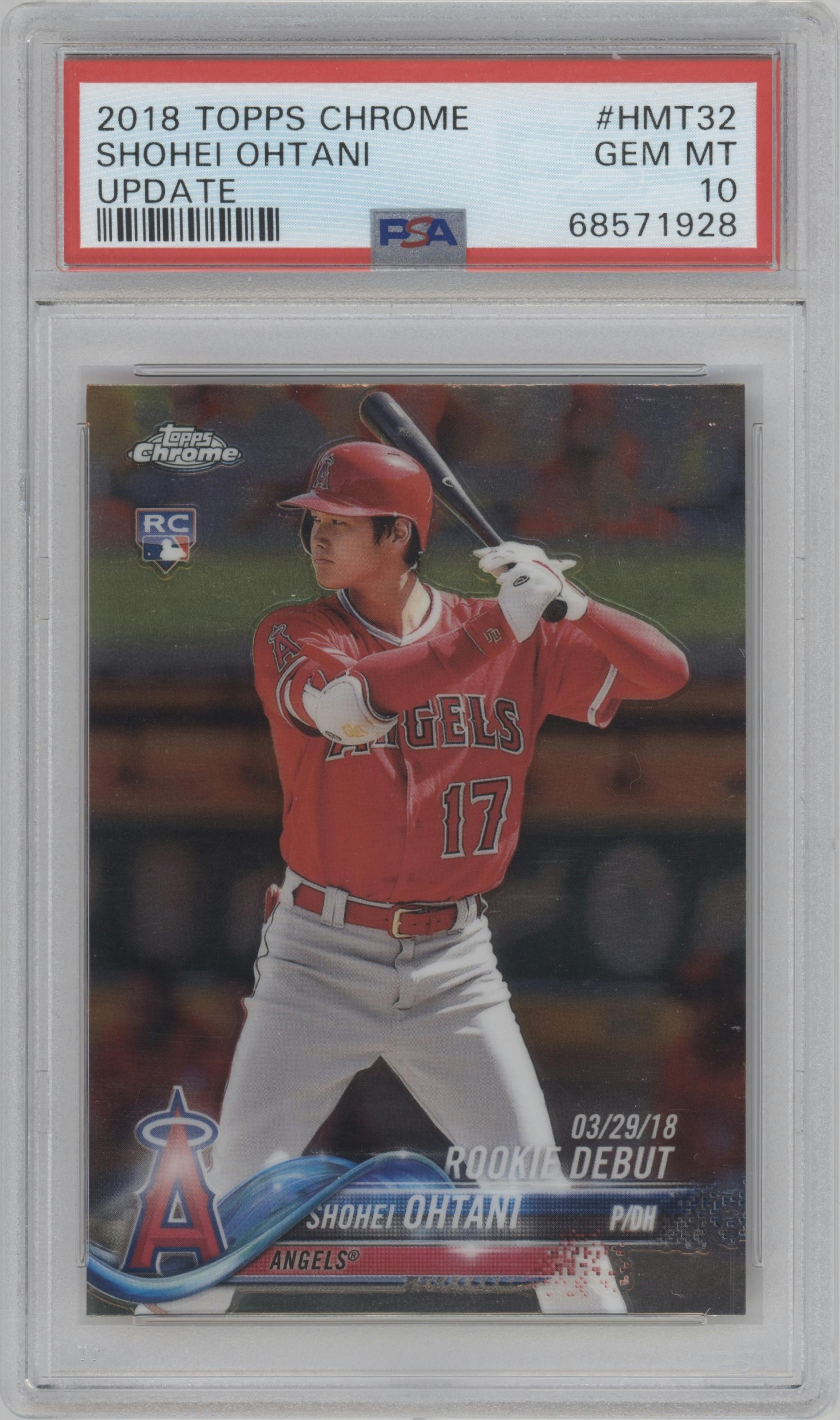 Shohei Ohtani from the 2018 Topps Chrome Update  set graded by PSA and given an overall grade of 10.