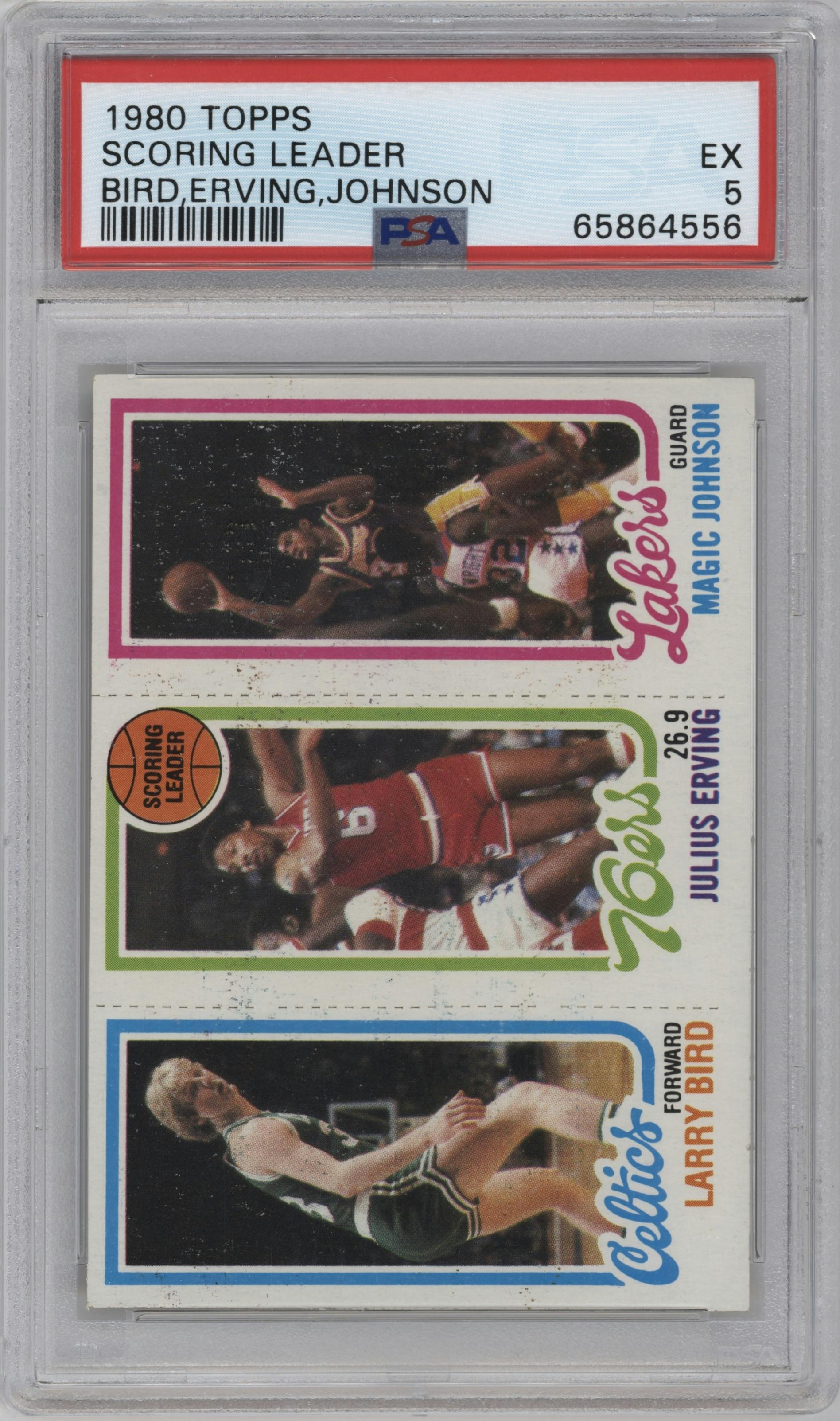 Larry Bird/Julius Erving/Magic Johnson from the 1980-81 Topps set graded by PSA and given an overall grade of 5.