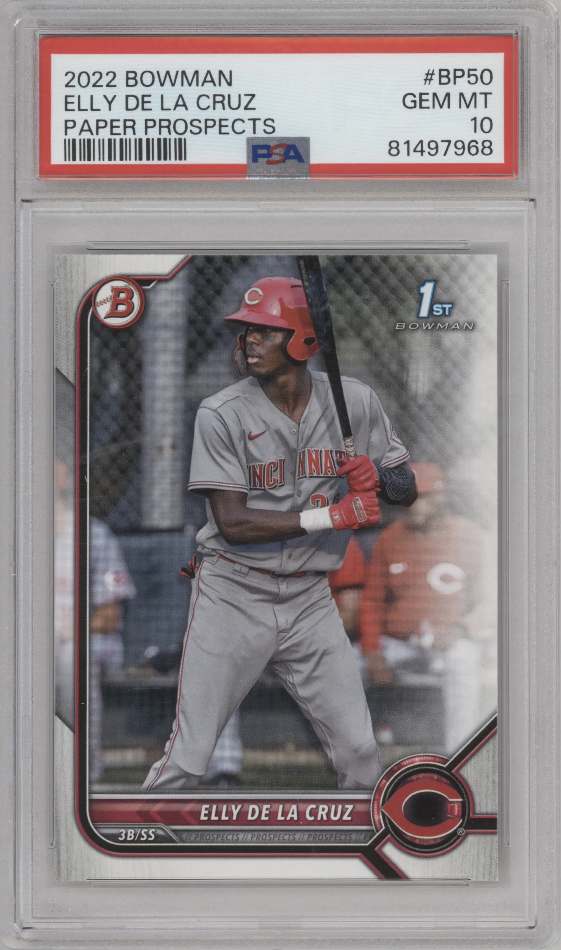 Elly De La Cruz from the 2022 Bowman set graded by PSA and given an overall grade of 10.