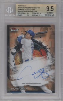 Shohei Ohtani from the 2024 Topps Finest set featuring a Orange Refractor parallel graded by Beckett and given an overall grade of 9.5.