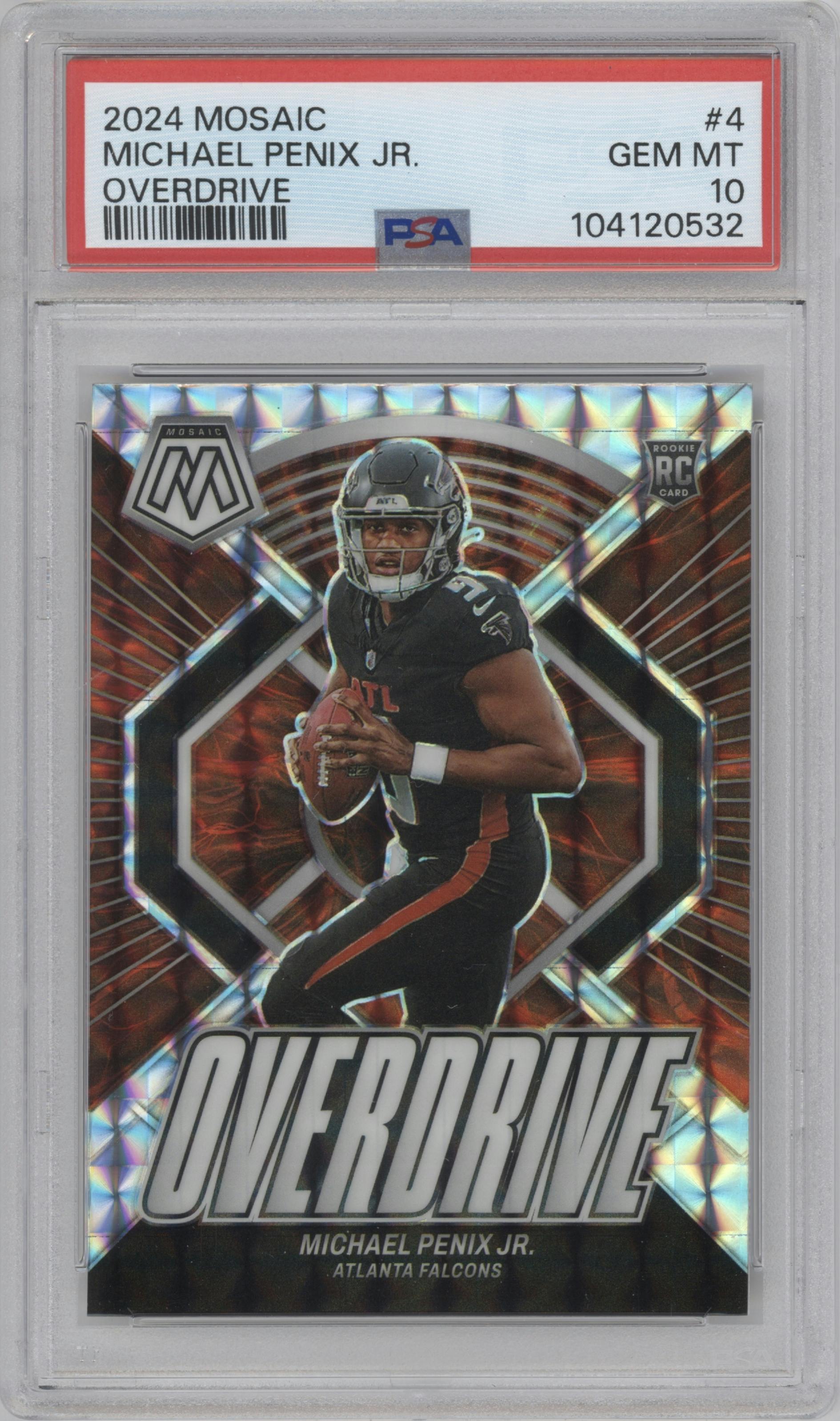 Michael Penix Jr. from the 2024 Panini Mosaic set graded by PSA and given an overall grade of 10.