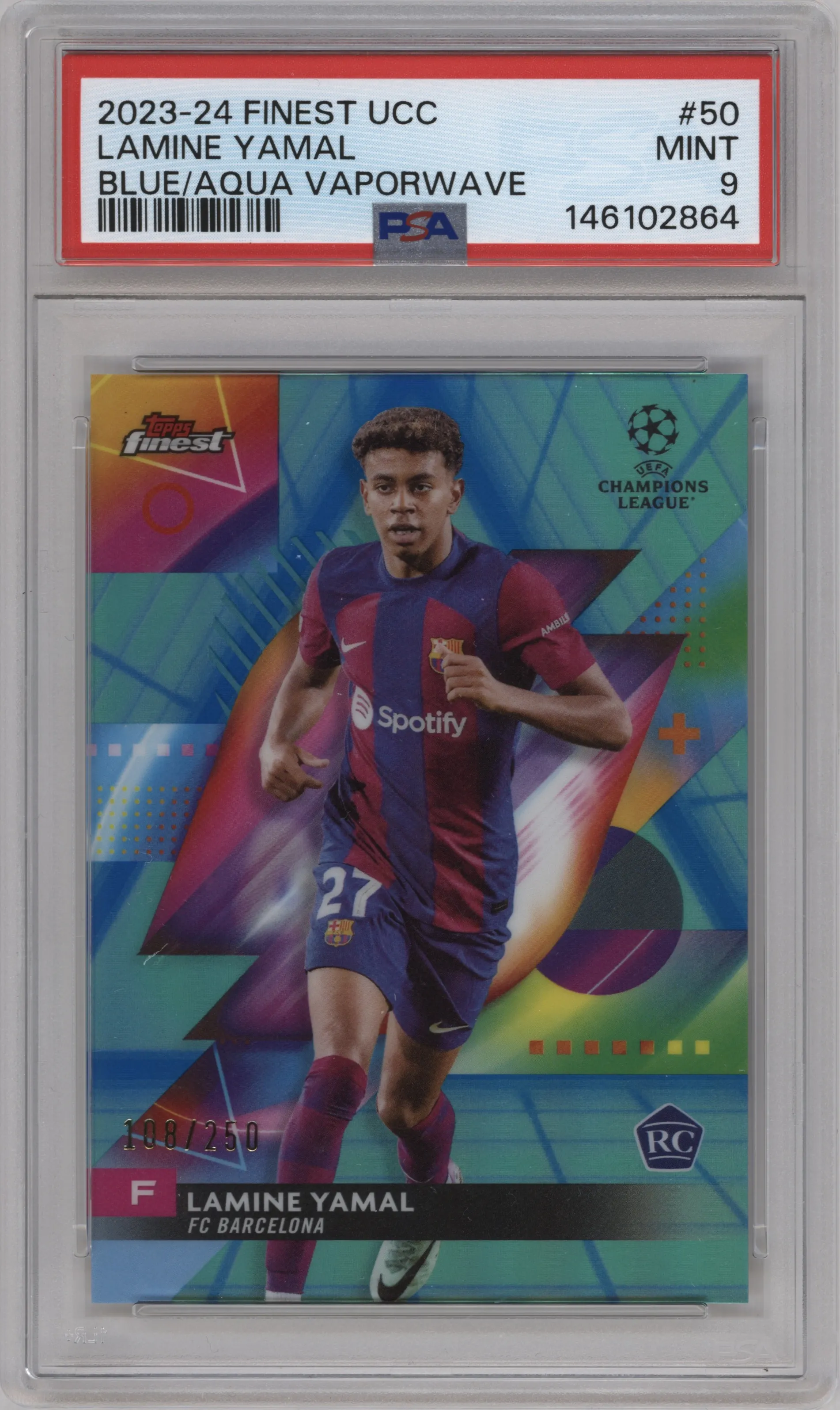 2023 Topps Finest UEFA Club Competitions Lamine Yamal Blue/Aqua Vaporwave Refractor #50 PSA 9