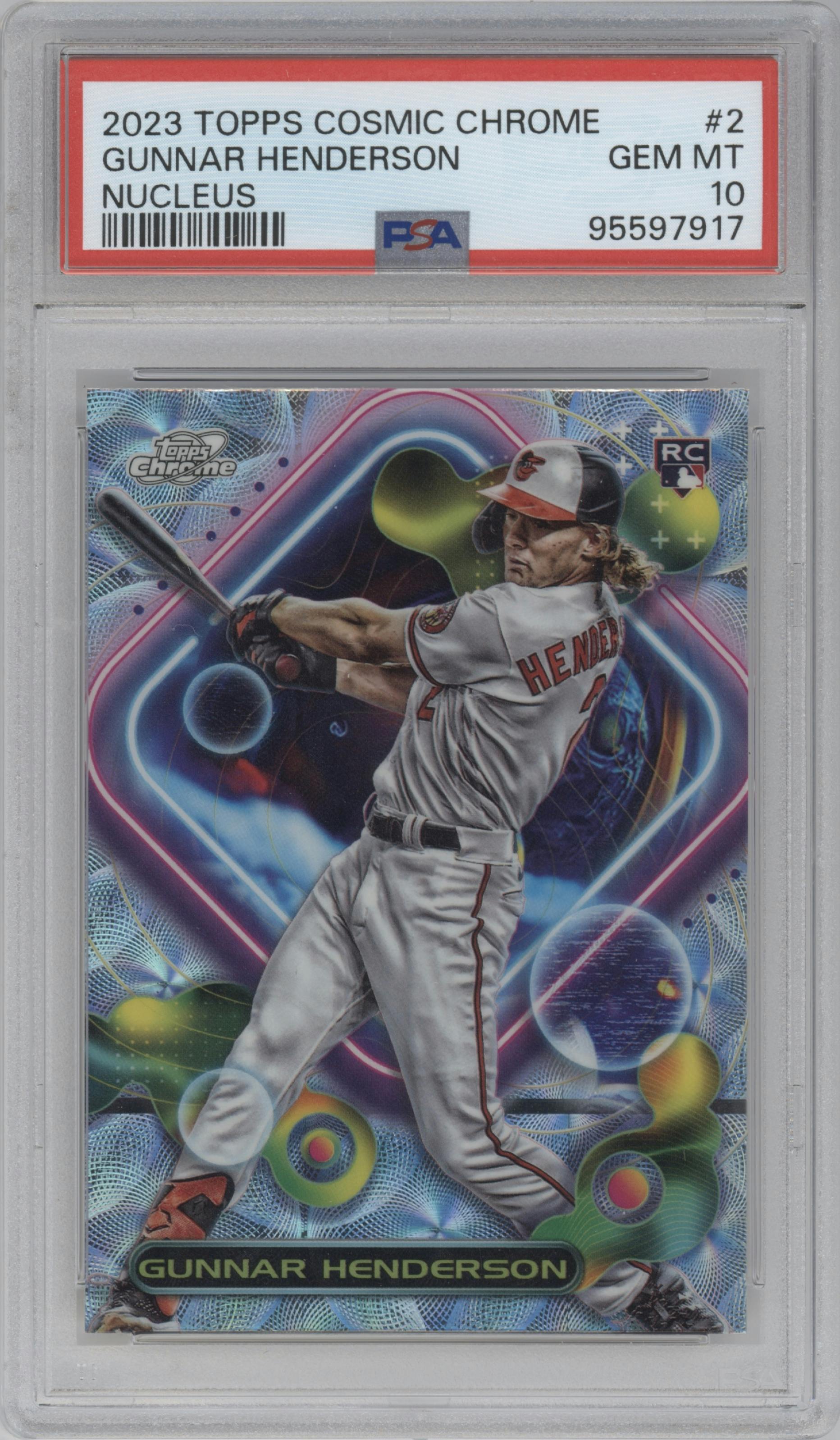 Gunnar Henderson from the 2023 Topps Cosmic Chrome set featuring a Nucleus Refractor parallel graded by PSA and given an overall grade of 10.