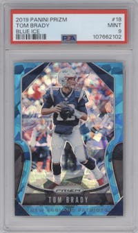 Tom Brady from the 2019 Panini Prizm set featuring a Blue Ice parallel graded by PSA and given an overall grade of 9.