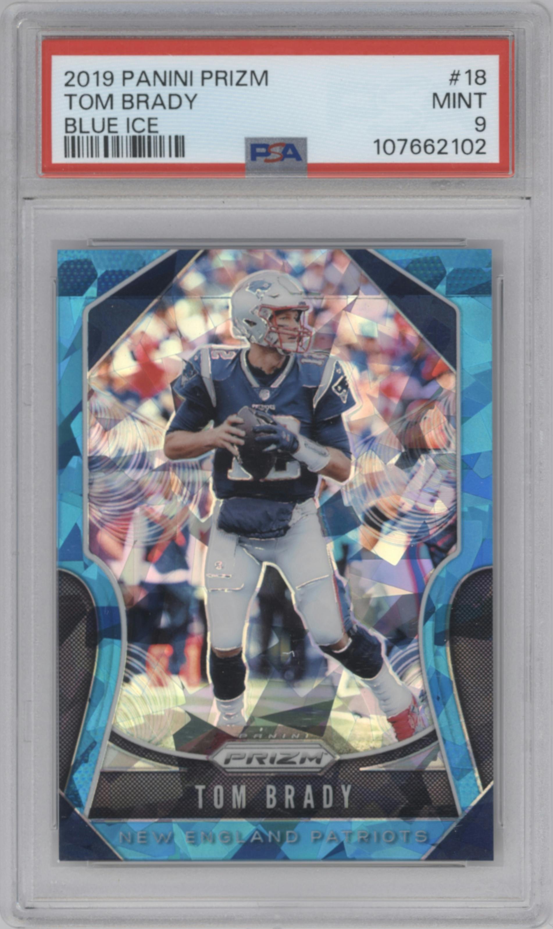 Tom Brady from the 2019 Panini Prizm set featuring a Blue Ice parallel graded by PSA and given an overall grade of 9.