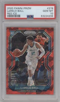 LaMelo Ball from the 2020-21 Panini Prizm set featuring a Red Ice parallel graded by PSA and given an overall grade of 10.