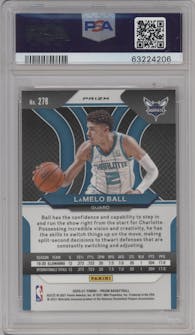 LaMelo Ball from the 2020-21 Panini Prizm set featuring a Red Ice parallel graded by PSA and given an overall grade of 10.