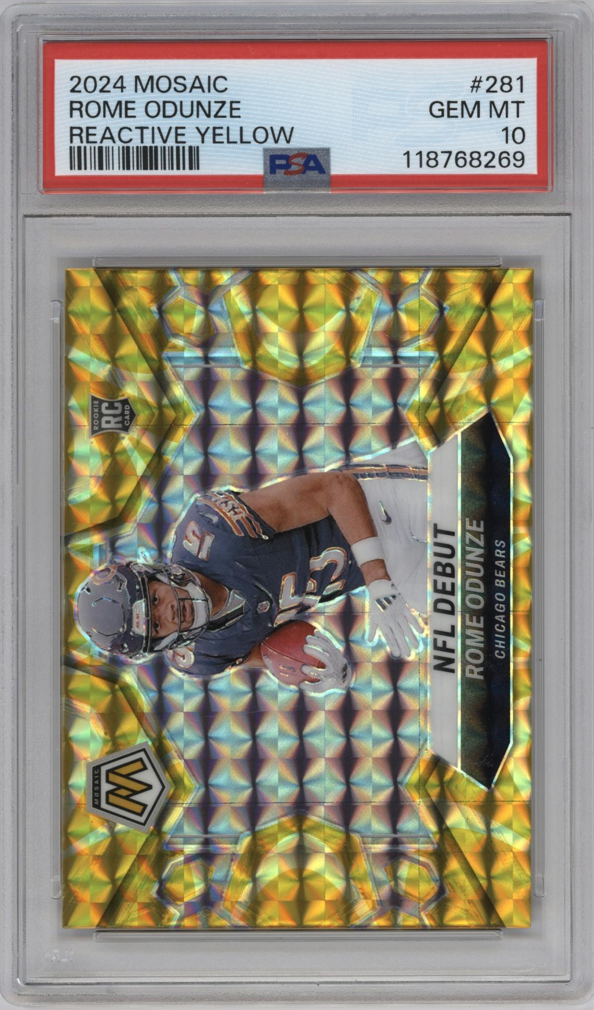 Rome Odunze from the 2024 Panini Mosaic set featuring a Reactive Yellow parallel graded by PSA and given an overall grade of 10.