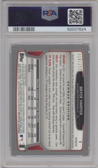 Bryce Harper from the 2013 Bowman Chrome set featuring a Blue Refractor parallel graded by PSA and given an overall grade of 10.