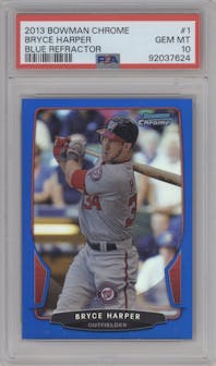Bryce Harper from the 2013 Bowman Chrome set featuring a Blue Refractor parallel graded by PSA and given an overall grade of 10.