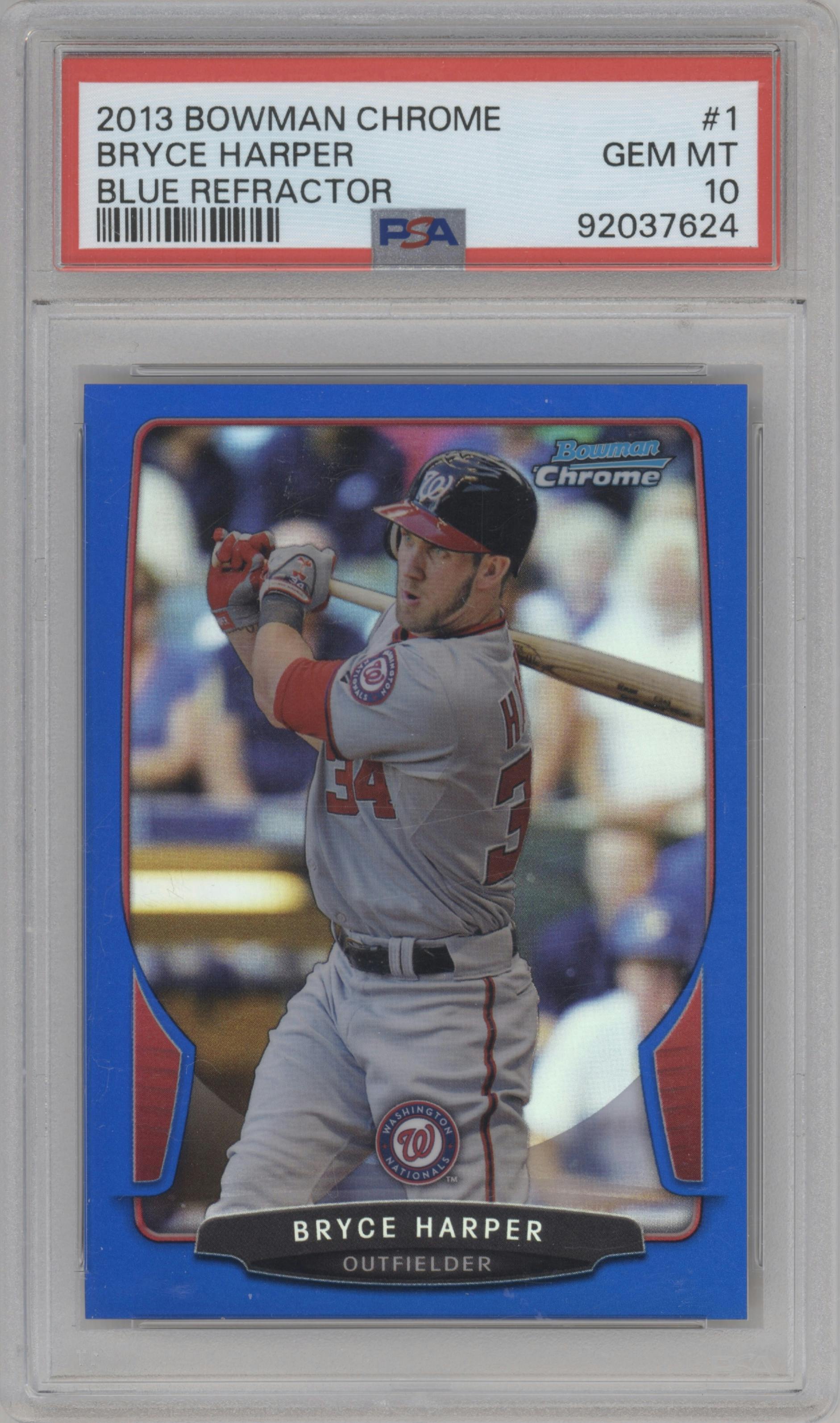 Bryce Harper from the 2013 Bowman Chrome set featuring a Blue Refractor parallel graded by PSA and given an overall grade of 10.