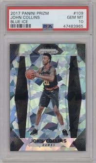 John Collins from the 2017-18 Panini Prizm  set featuring a Blue Ice parallel graded by PSA and given an overall grade of 10.