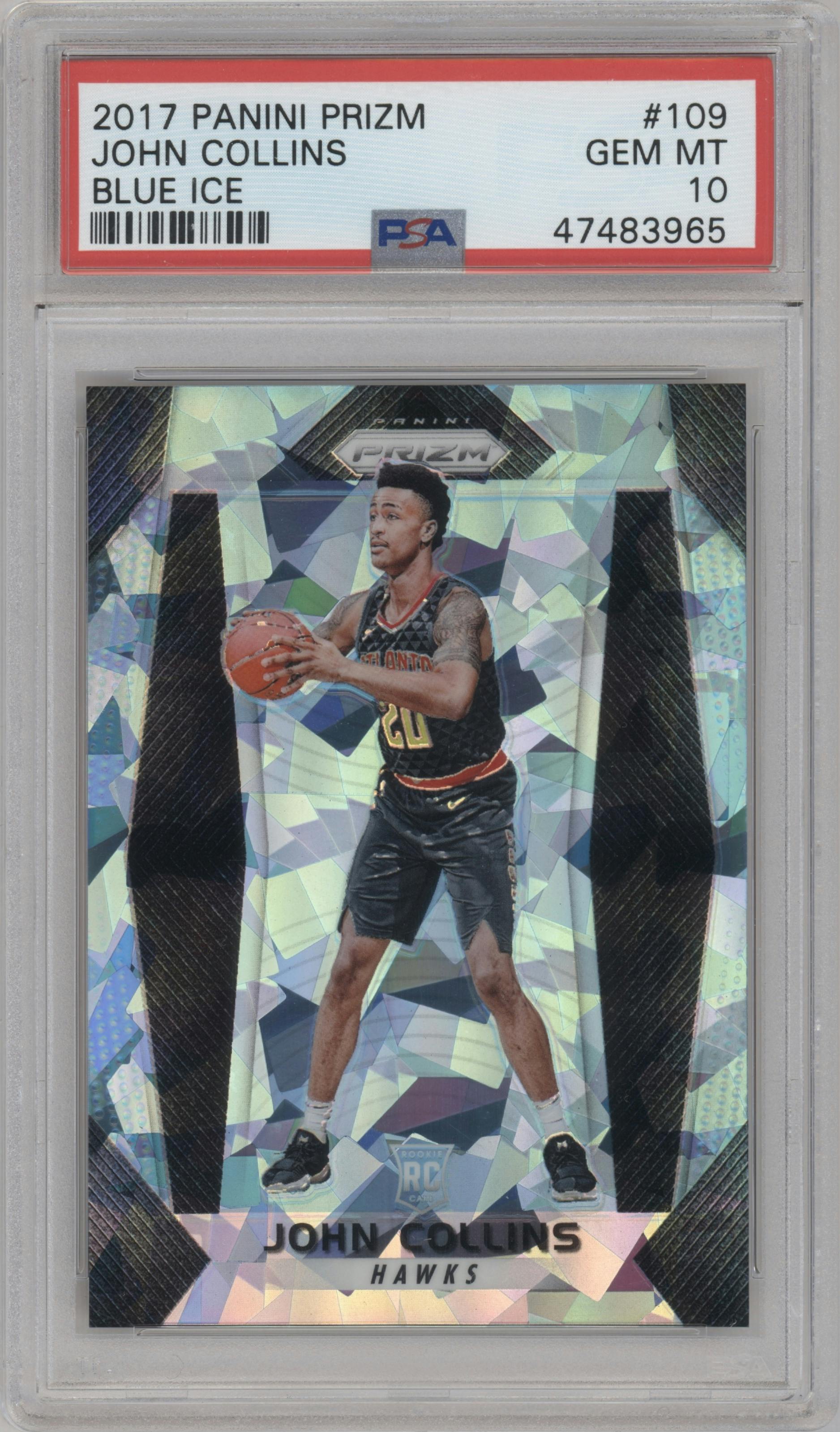 John Collins from the 2017-18 Panini Prizm  set featuring a Blue Ice parallel graded by PSA and given an overall grade of 10.