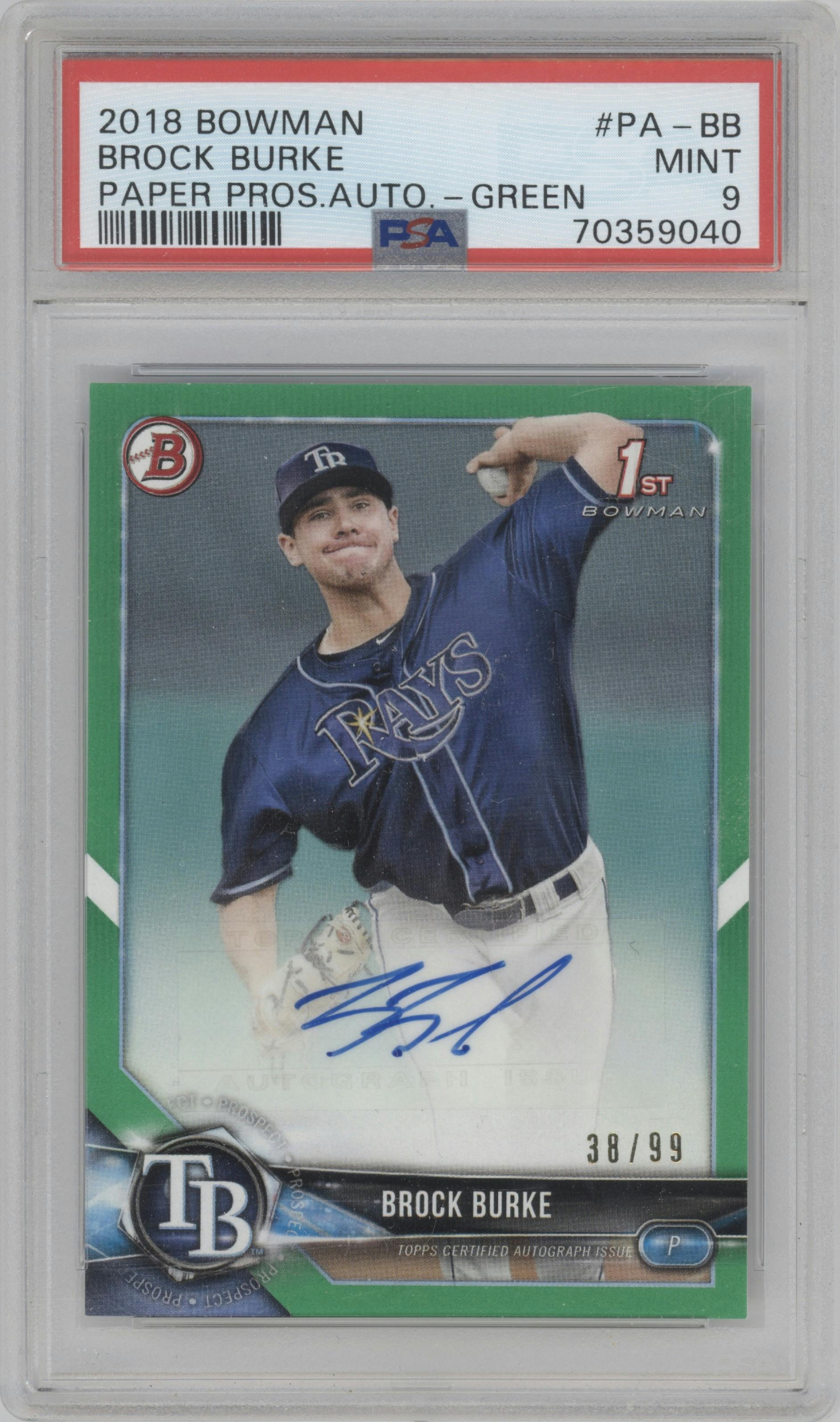 Brock Burke from the 2018 Bowman set featuring a Green parallel graded by PSA and given an overall grade of 9.