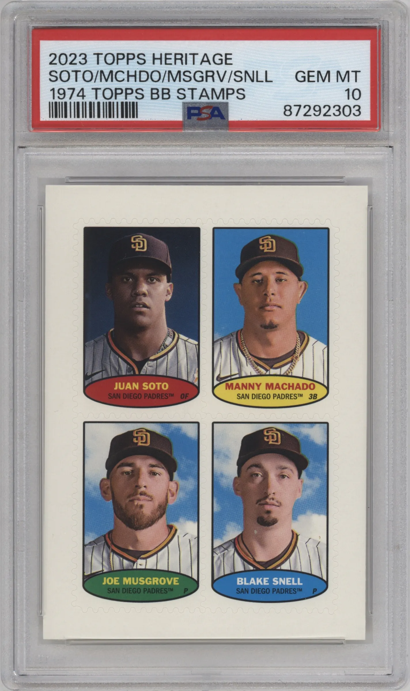 2023 Topps Heritage 1974 Topps Stamps Juan Soto/Manny Machado/Joe Musgrove/Blake Snell #74BS-25/74BS-26/74BS-27/74BS-28 PSA 10