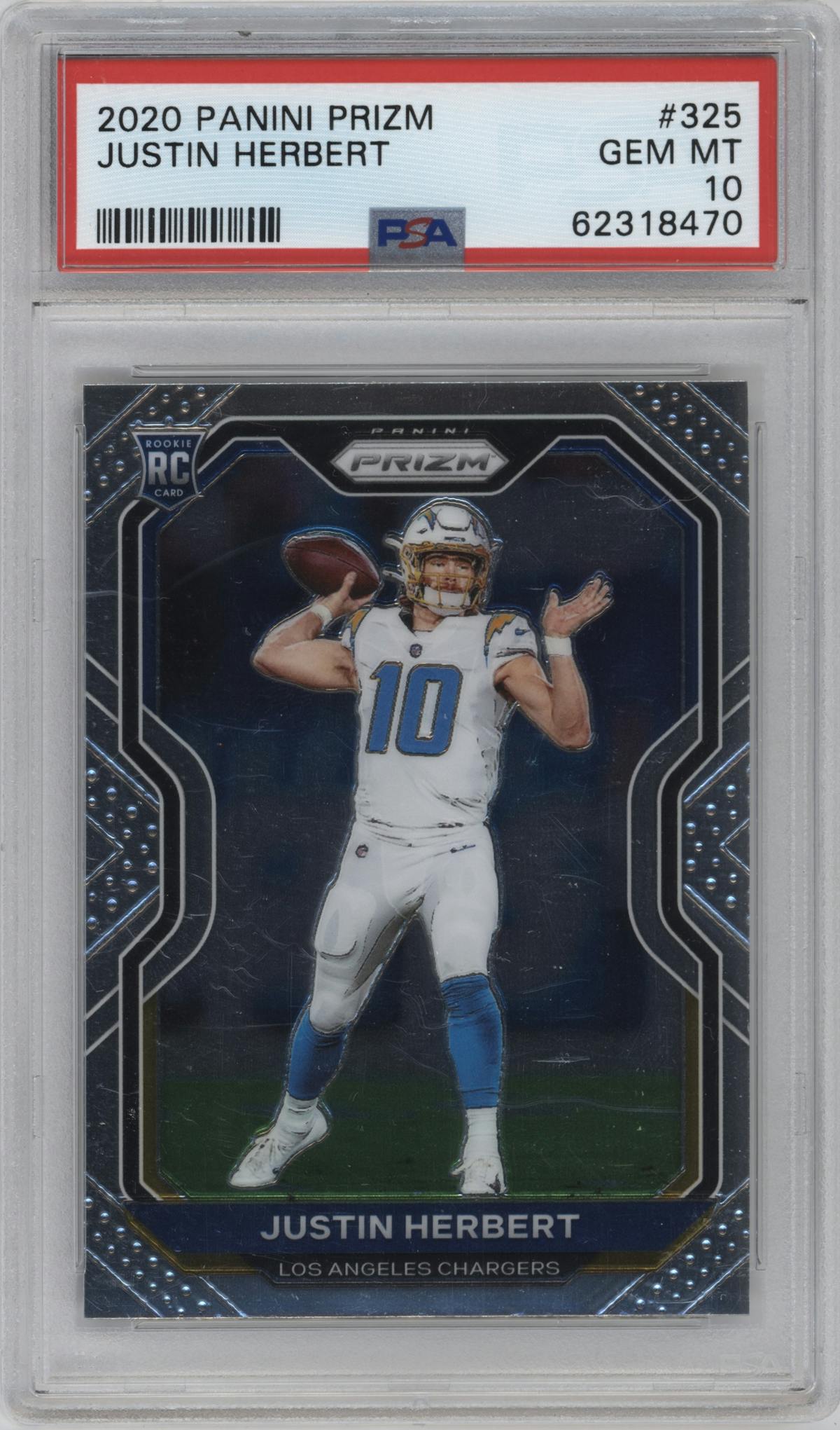 Justin Herbert from the 2020 Panini Prizm set graded by PSA and given an overall grade of 10.