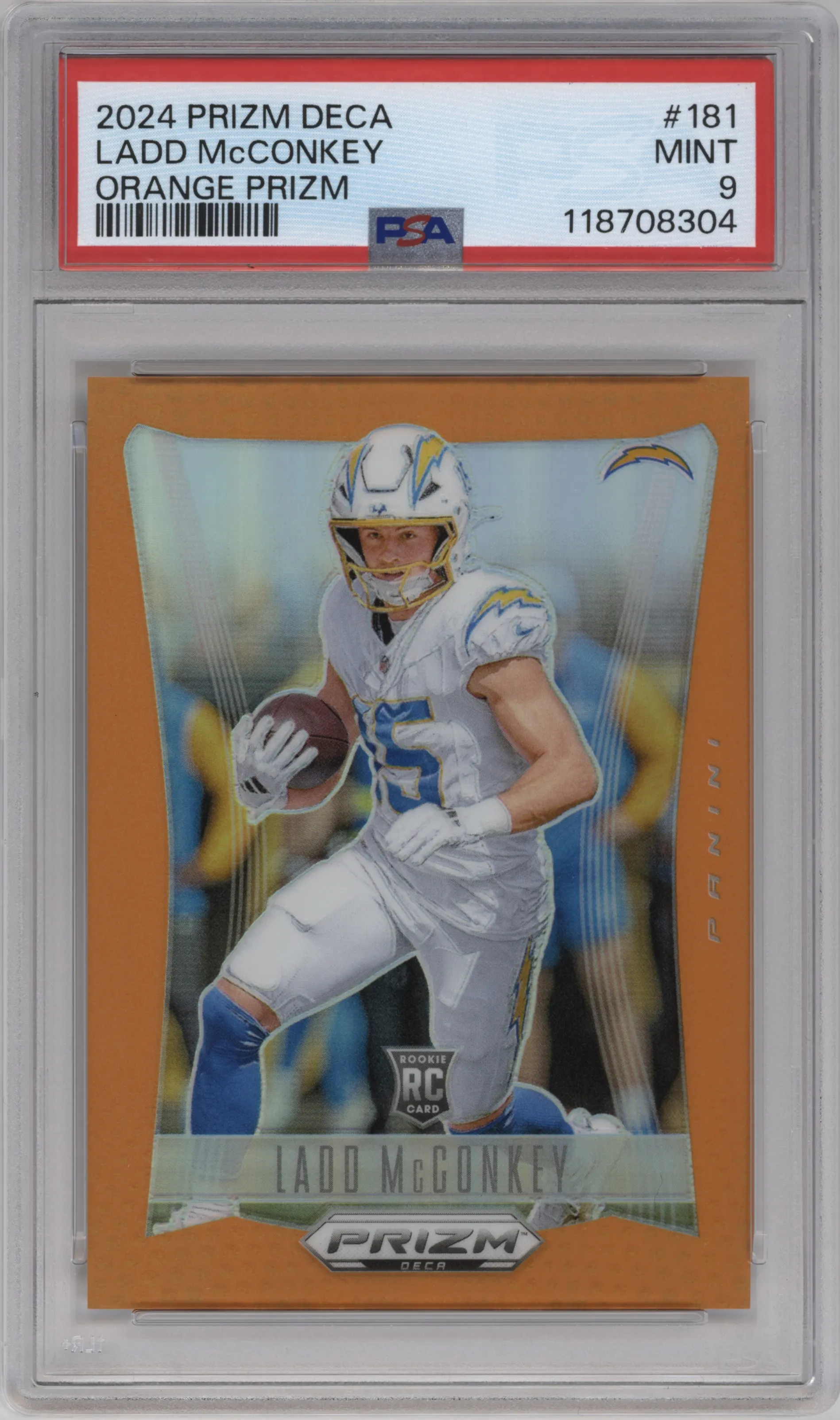 2024 Panini Prizm Deca Ladd McConkey Orange Prizm PSA 9