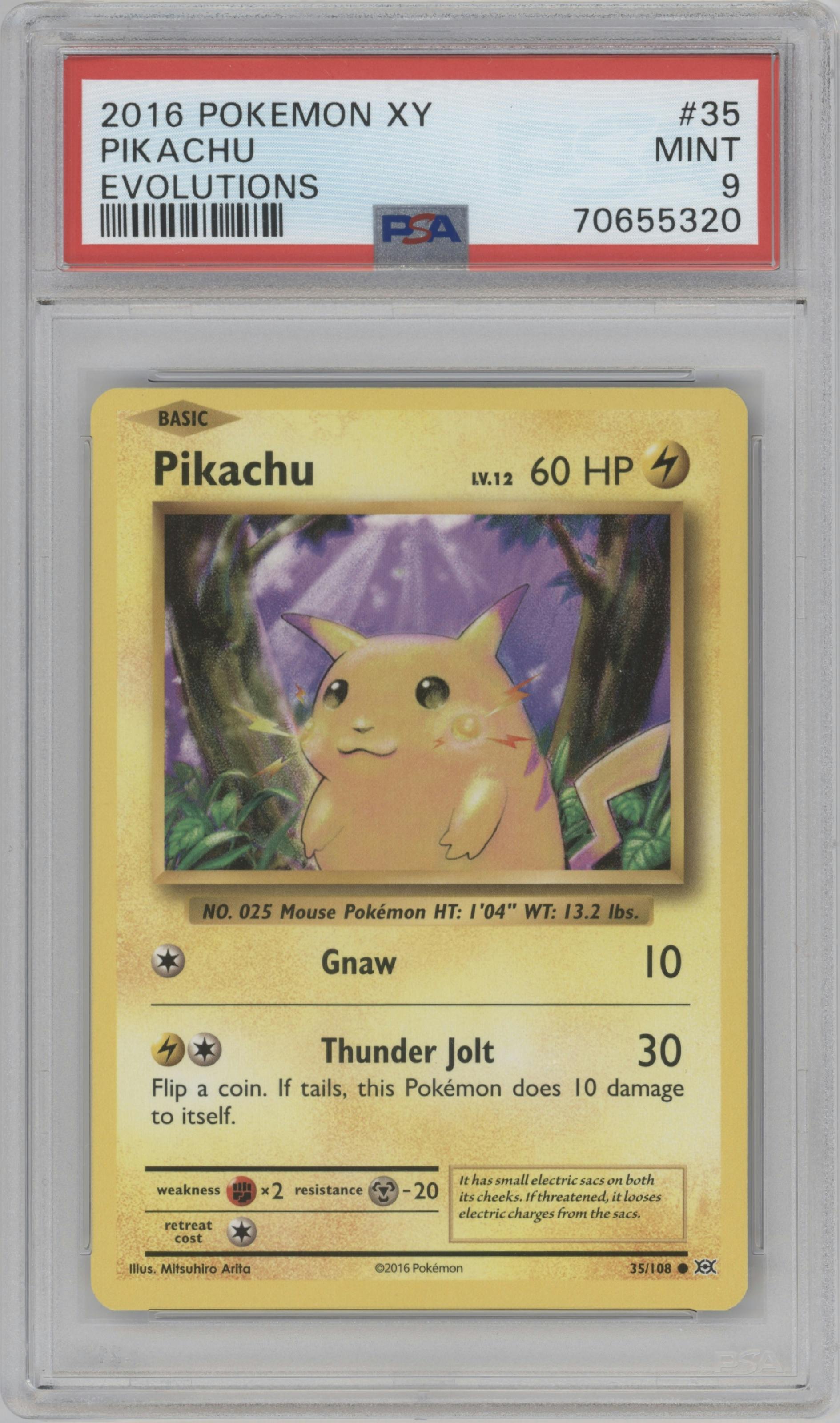 Pikachu from the 2016 Pokemon XY set graded by PSA and given an overall grade of 9.