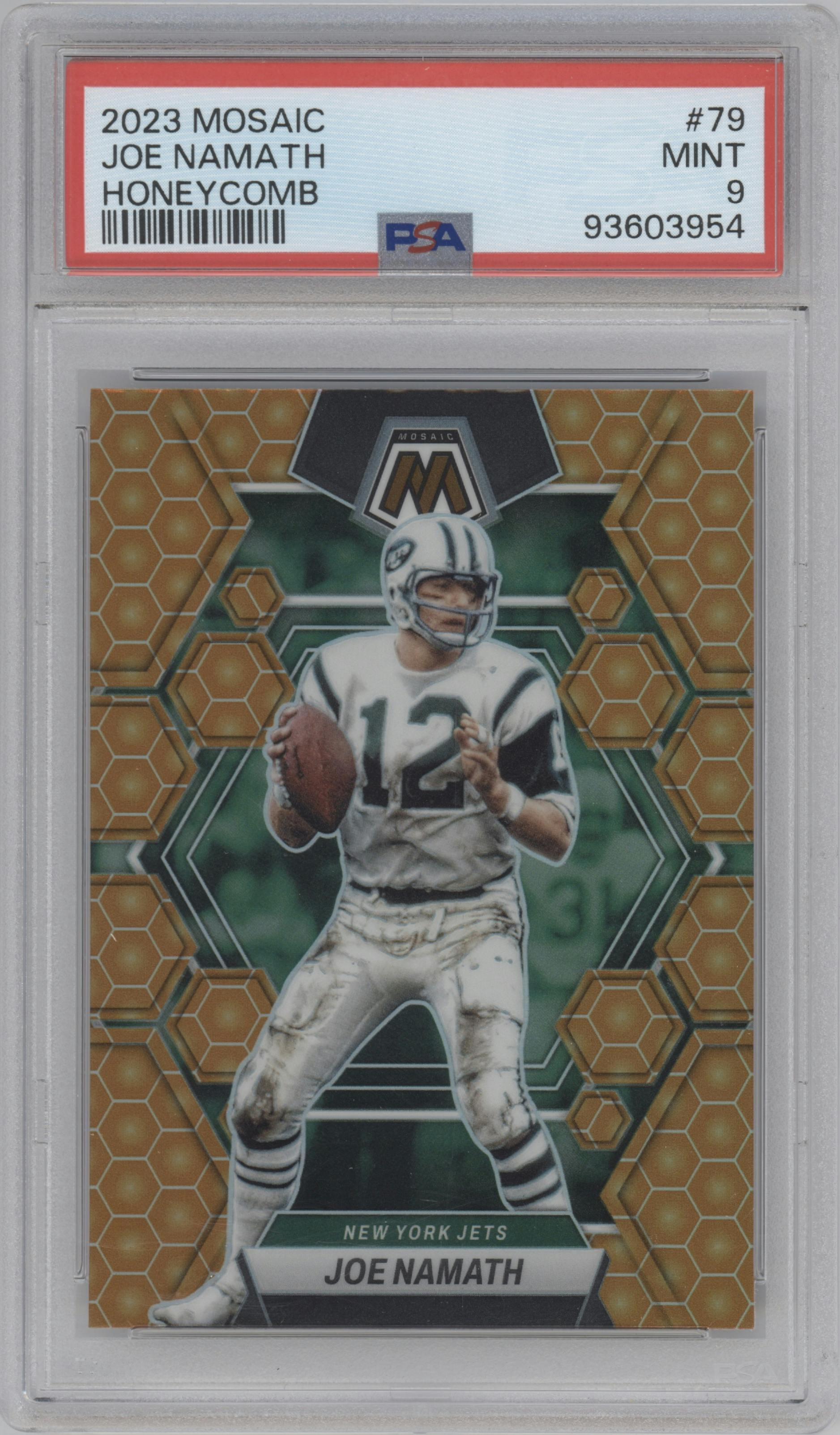 Joe Namath from the 2023 Panini Mosaic set featuring a Honeycomb parallel graded by PSA and given an overall grade of 9.