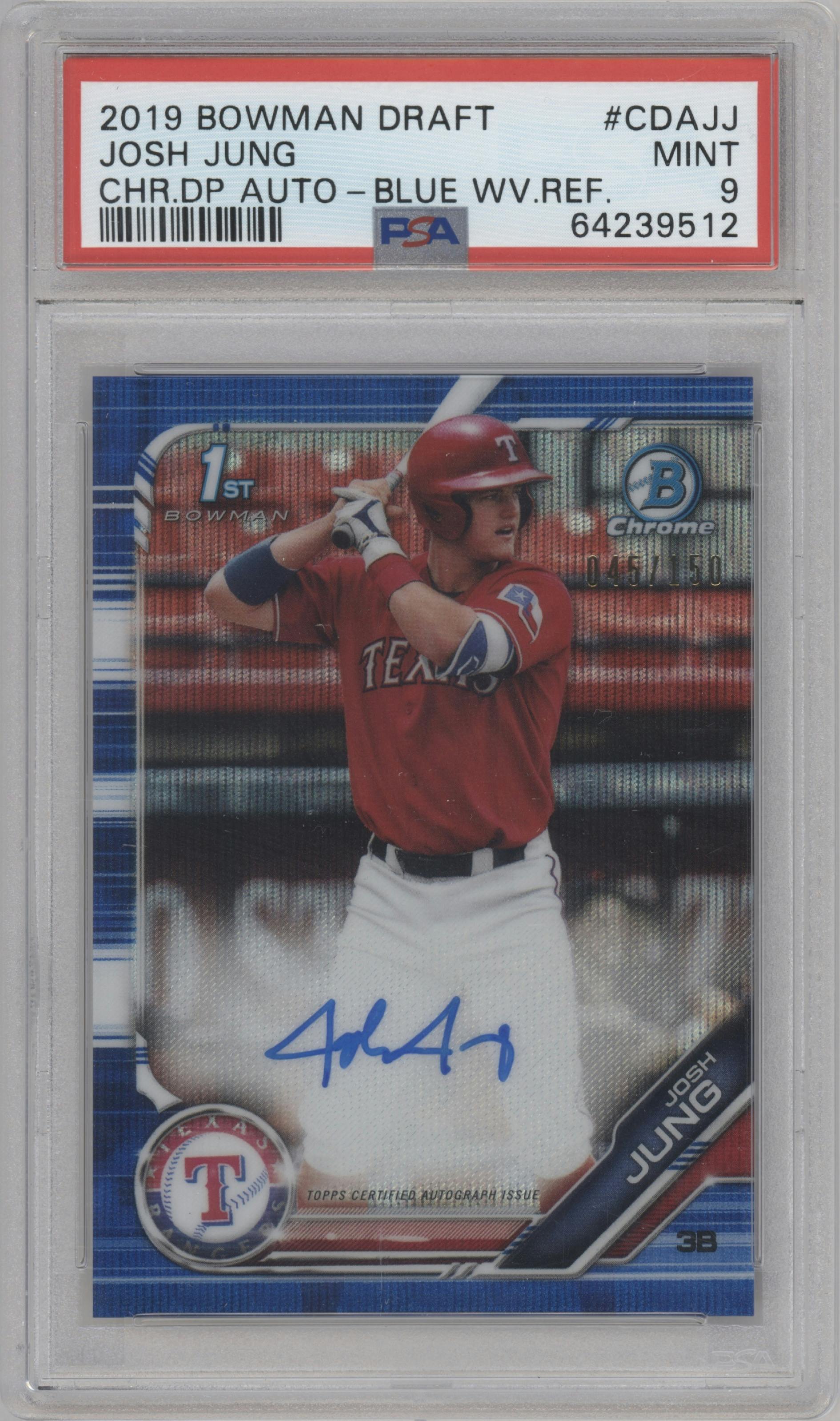Josh Jung from the 2019 Bowman Draft set featuring a Blue Wave Refractor parallel graded by PSA and given an overall grade of 9.