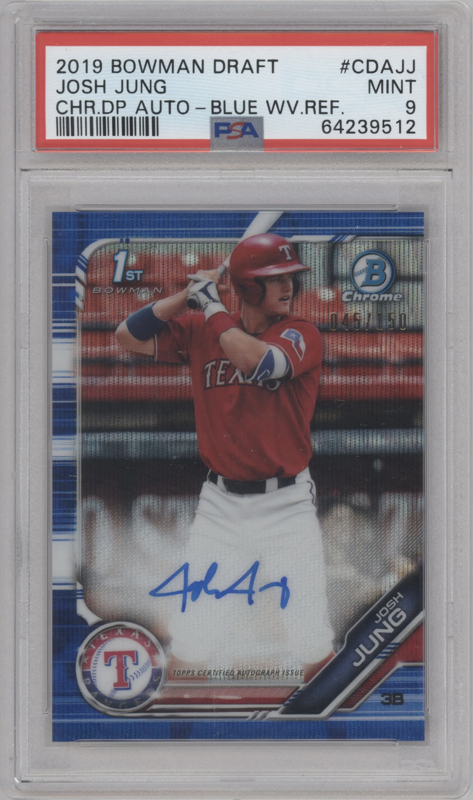 2019 Bowman Draft Chr.DP Auto Josh Jung Blue Wave Refractor #CDA-JJ PSA 9
