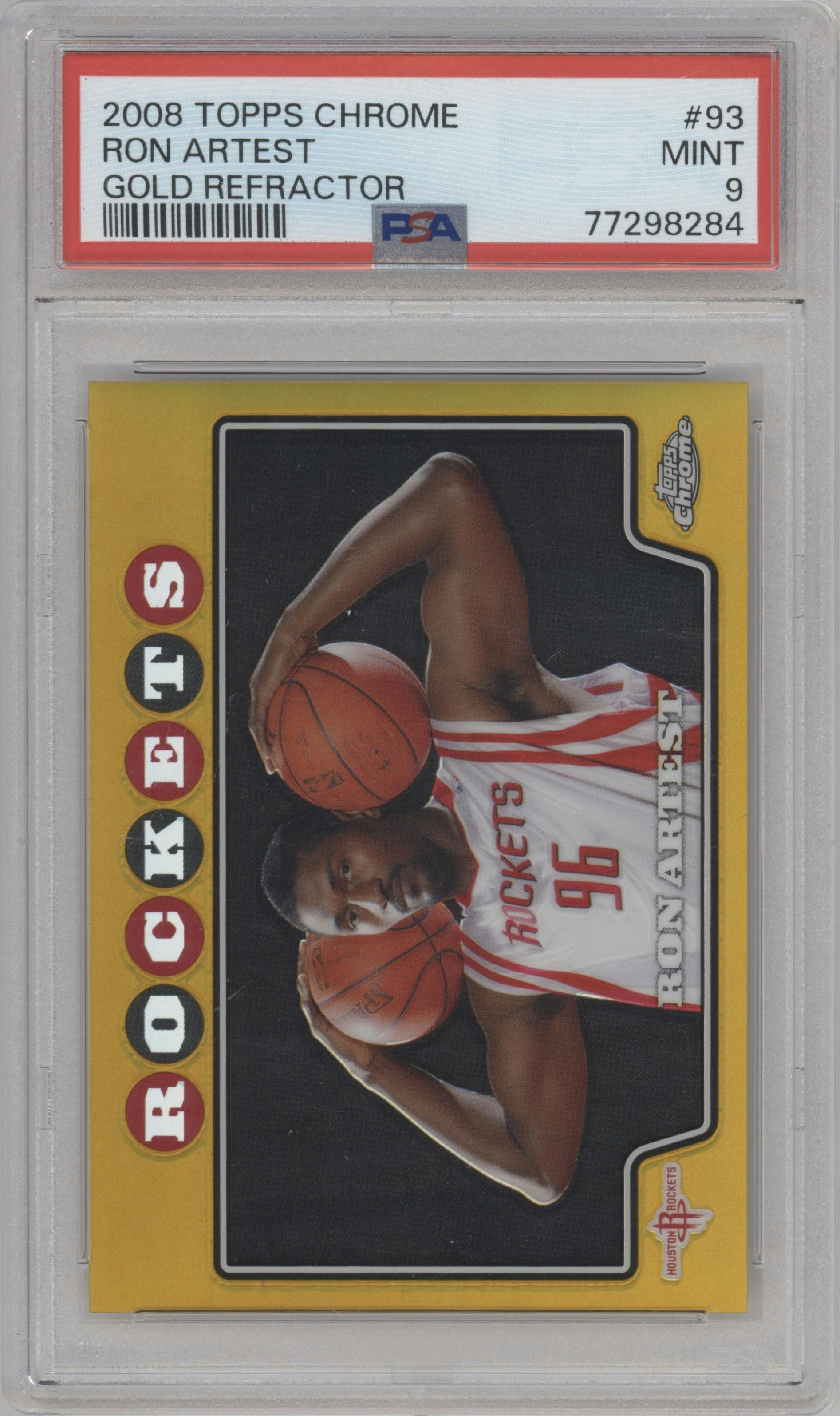 Ron Artest from the 2008-09 Topps Chrome  set featuring a Gold Refractor parallel graded by PSA and given an overall grade of 9.