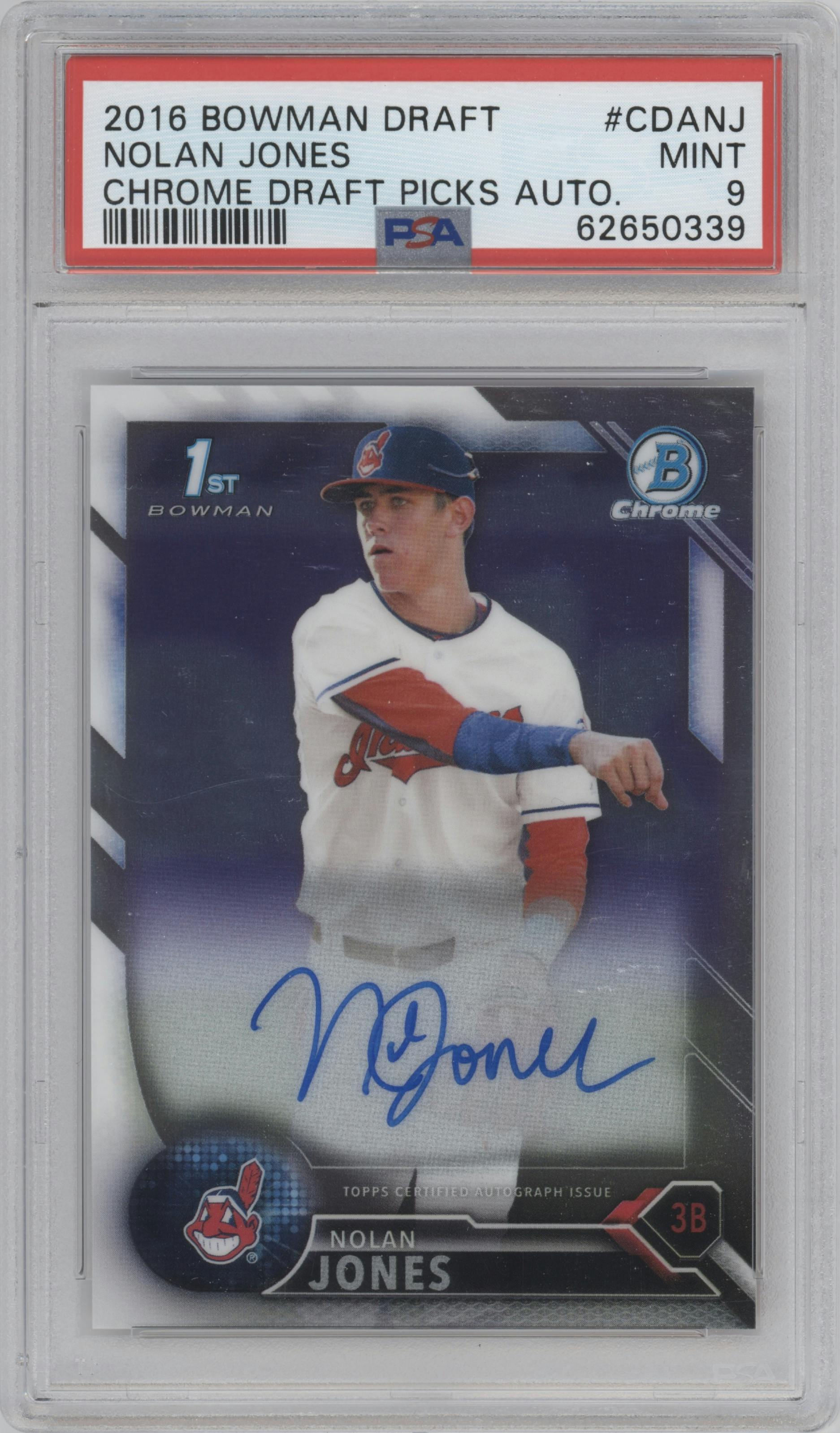 Nolan Jones from the 2016 Bowman Draft set graded by PSA and given an overall grade of 9.