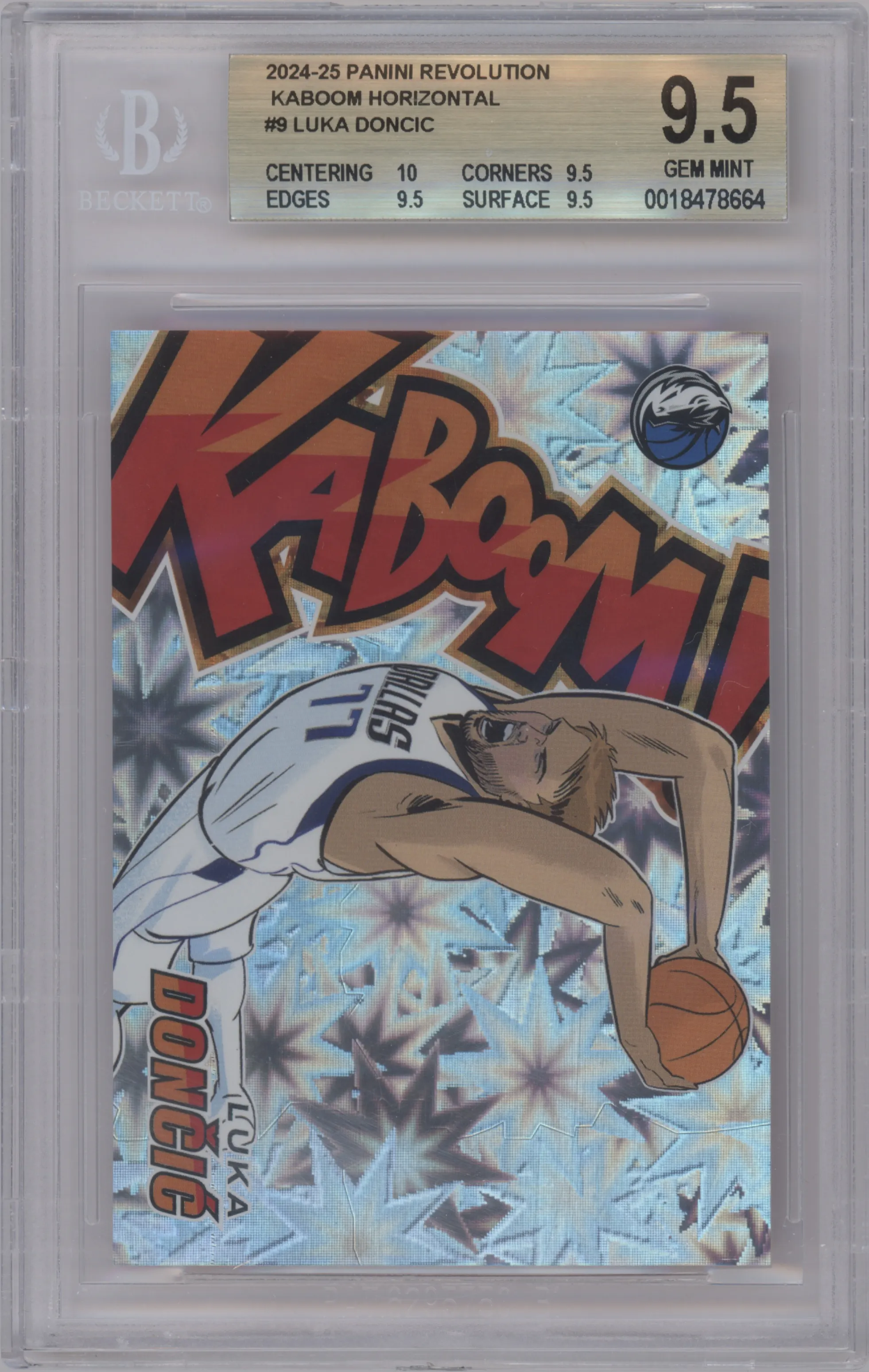 Luka Doncic from the 2024-25 Panini Revolution set graded by Beckett and given an overall grade of 9.5.